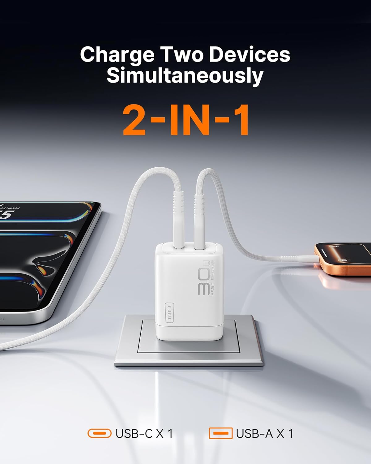 INIU Cargador USB C Bloque, 30W Pack de 2 PD Carga Rápida, [USBC +...