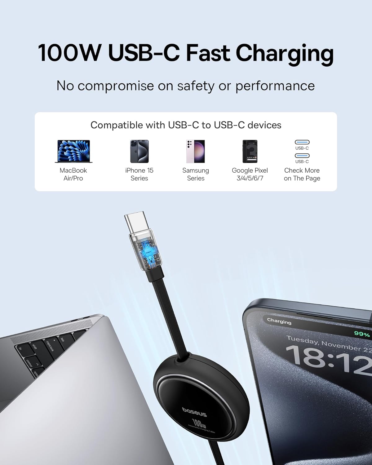 Baseus Cable USB C a USB C, cable de carga rápida retráctil USB C 5...