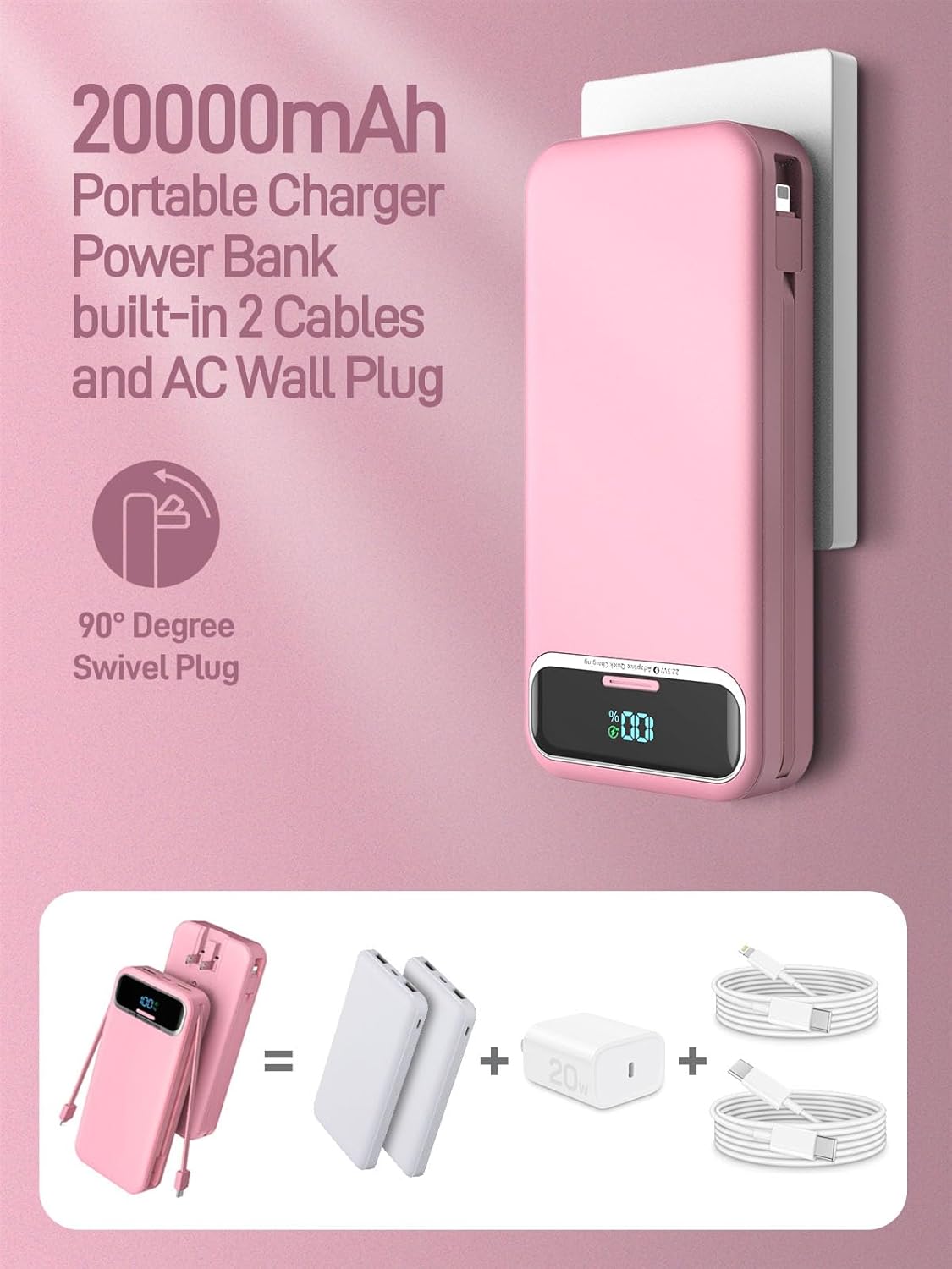 Cargador portátil Nusyddy 20000mAh 22.5W con cables incorporados y...