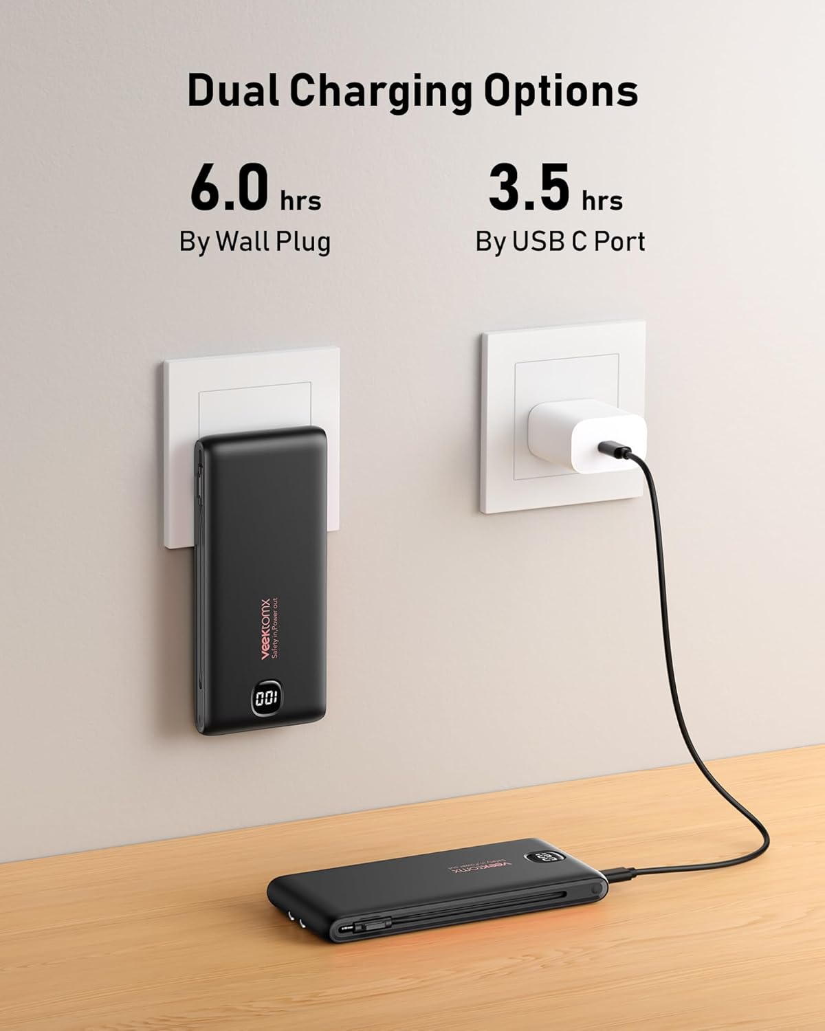 Cargador portátil de batería con cables integrados y enchufe de par...