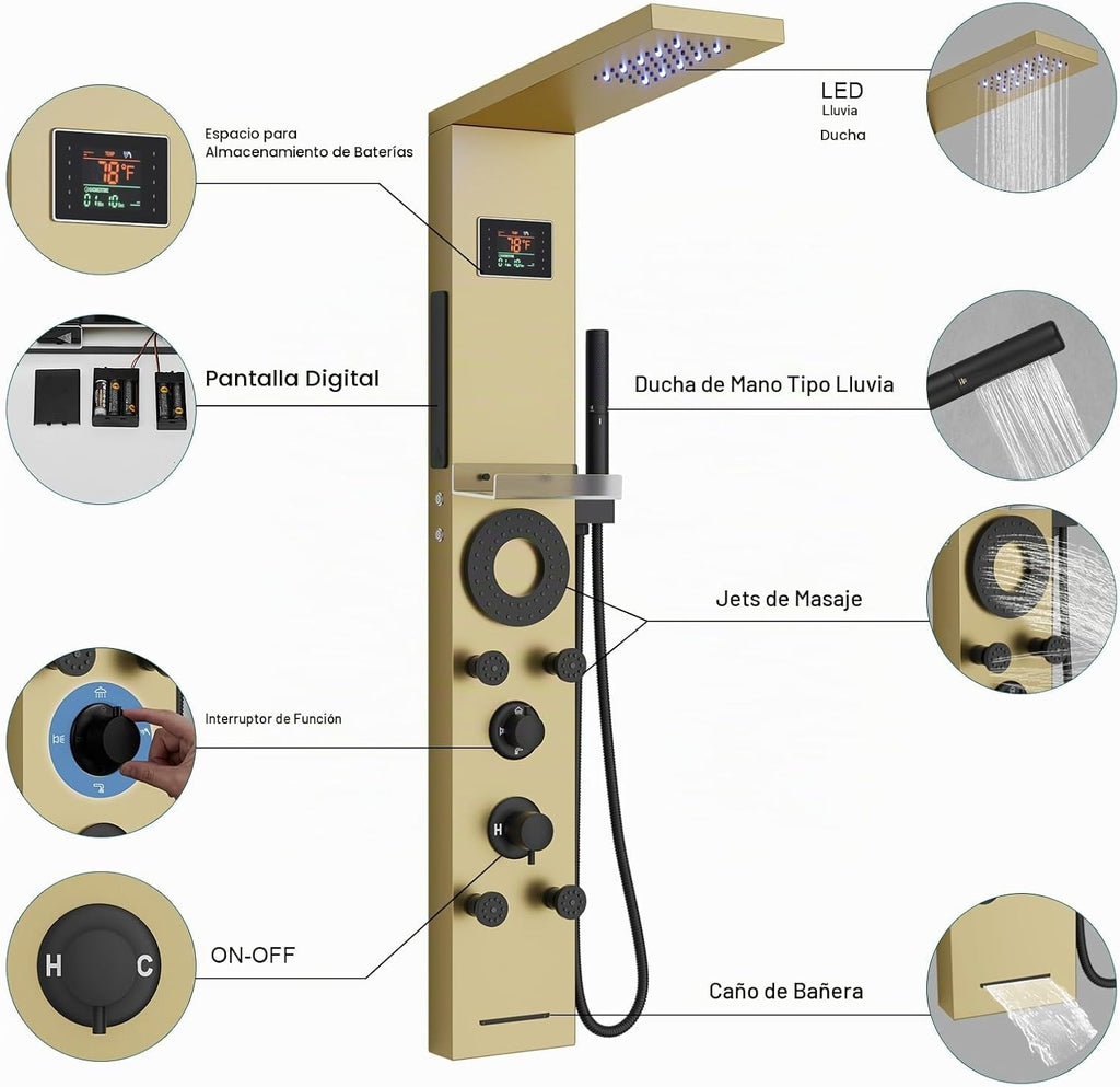 Hoimpro Sistema de torre de panel de ducha LED de oro cepillado, pa...