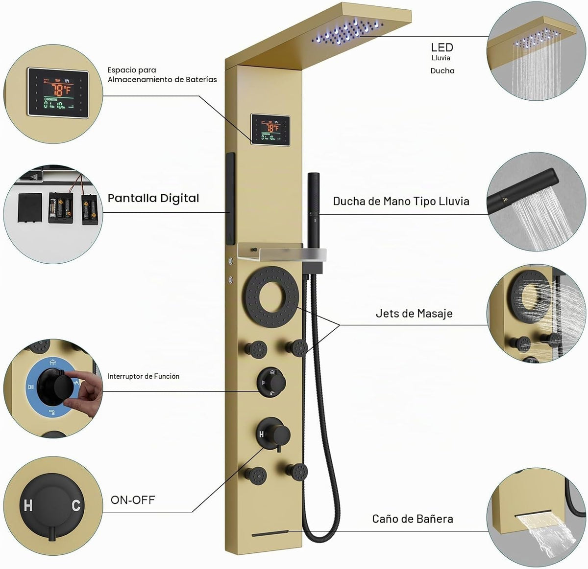 Hoimpro Sistema de torre de panel de ducha LED de oro cepillado, pa...