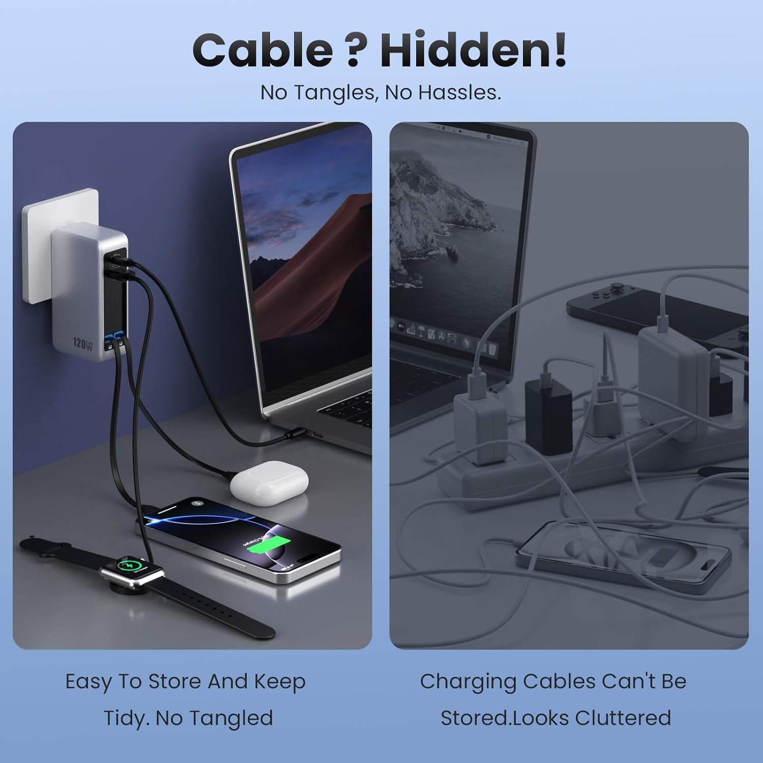 Bloque de cargador USB C de 120 W con 2 cables retráctiles integrad...