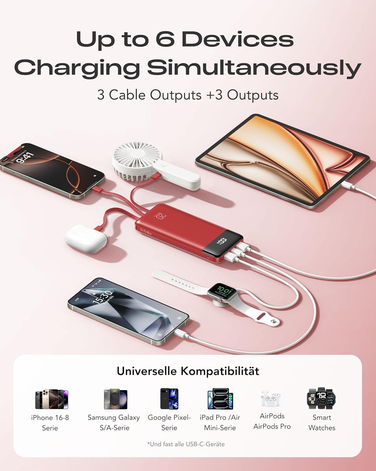 Orfeika Cargador portátil de 20000 mAh con 4 cables incorporados y...