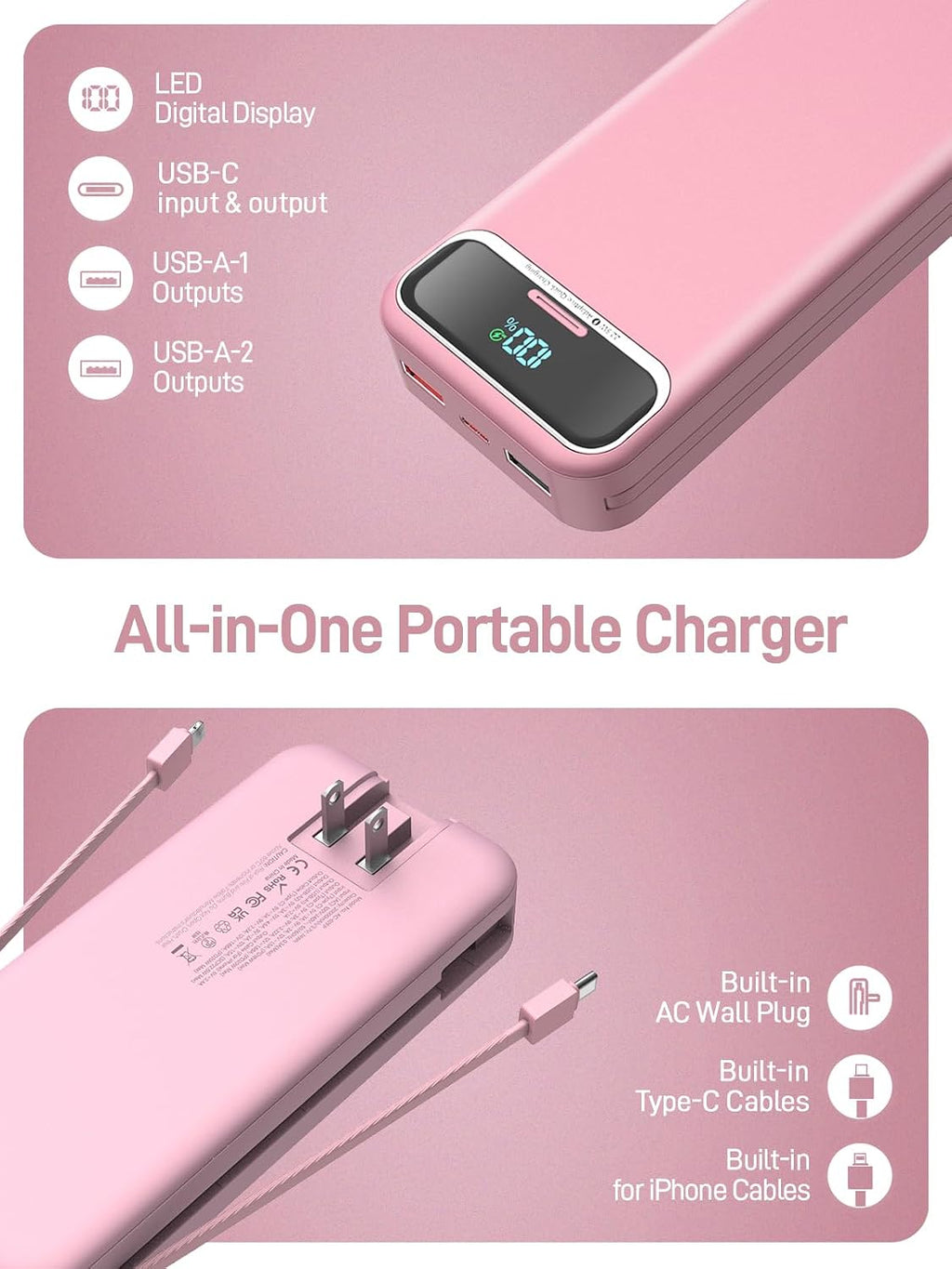 Cargador portátil Nusyddy 20000mAh 22.5W con cables incorporados y...