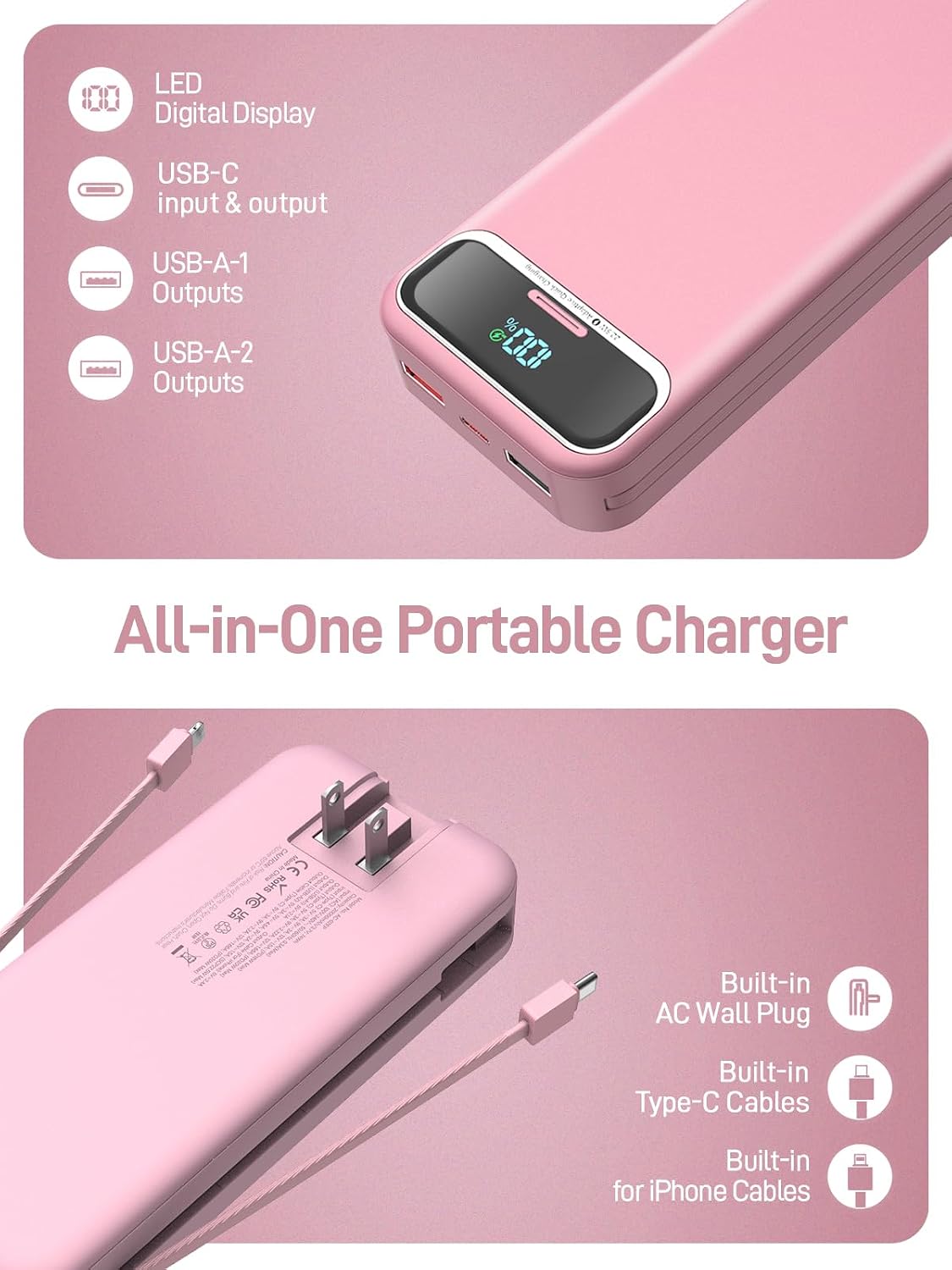 Cargador portátil Nusyddy 20000mAh 22.5W con cables incorporados y...
