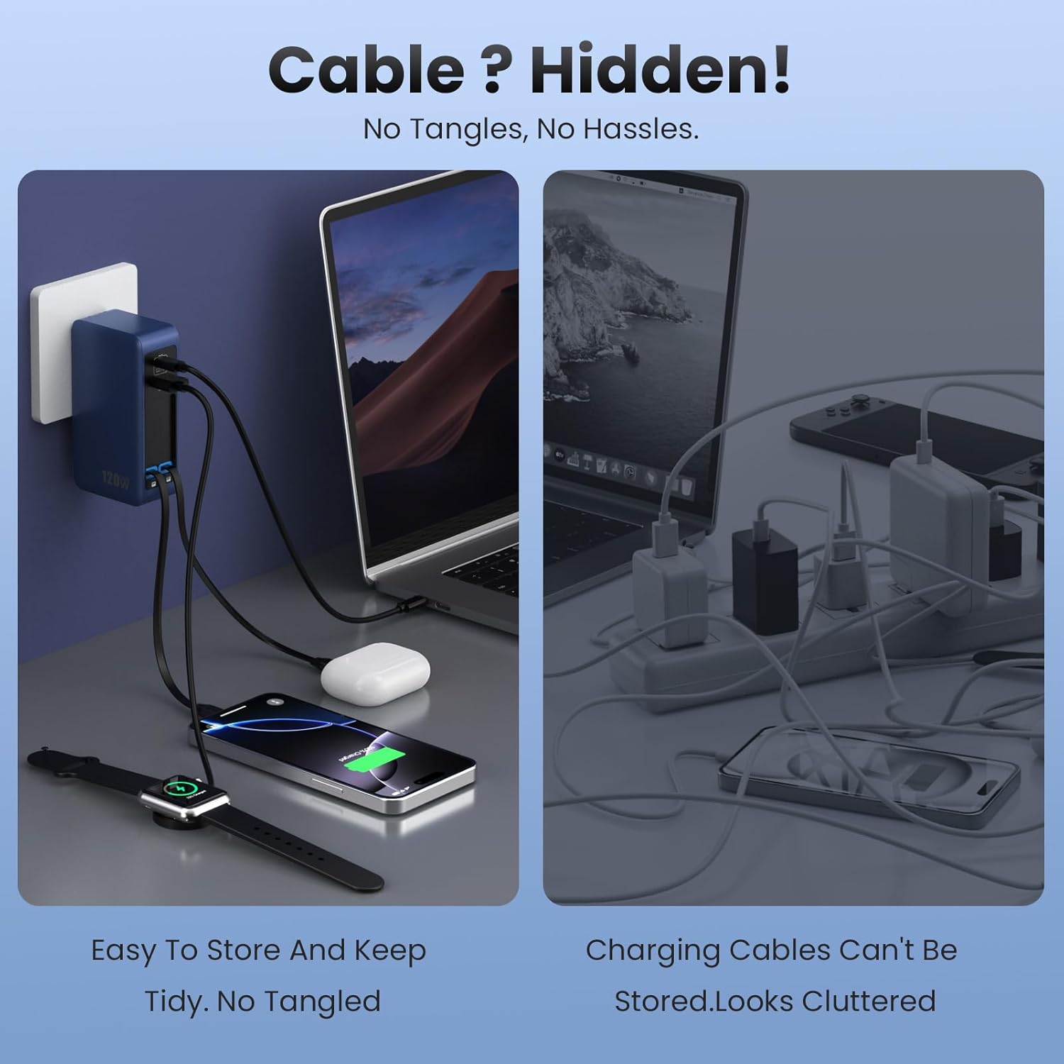 Bloque de Cargador USB C de 120W con 2 Cables Retráctiles Integrado...