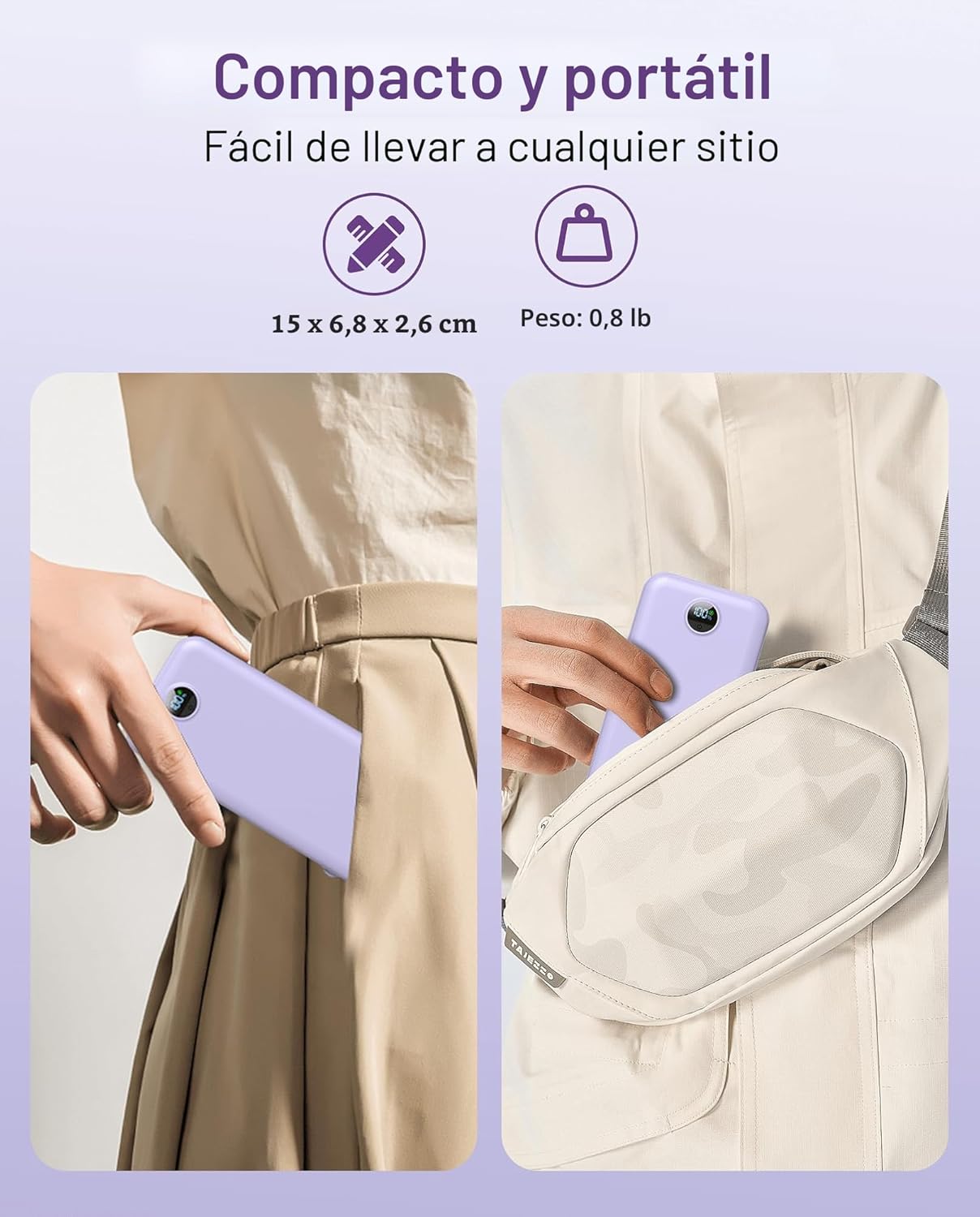 Cargador portátil, 12000 mAh, 22,5 W, USB C, carga rápida, con cabl...