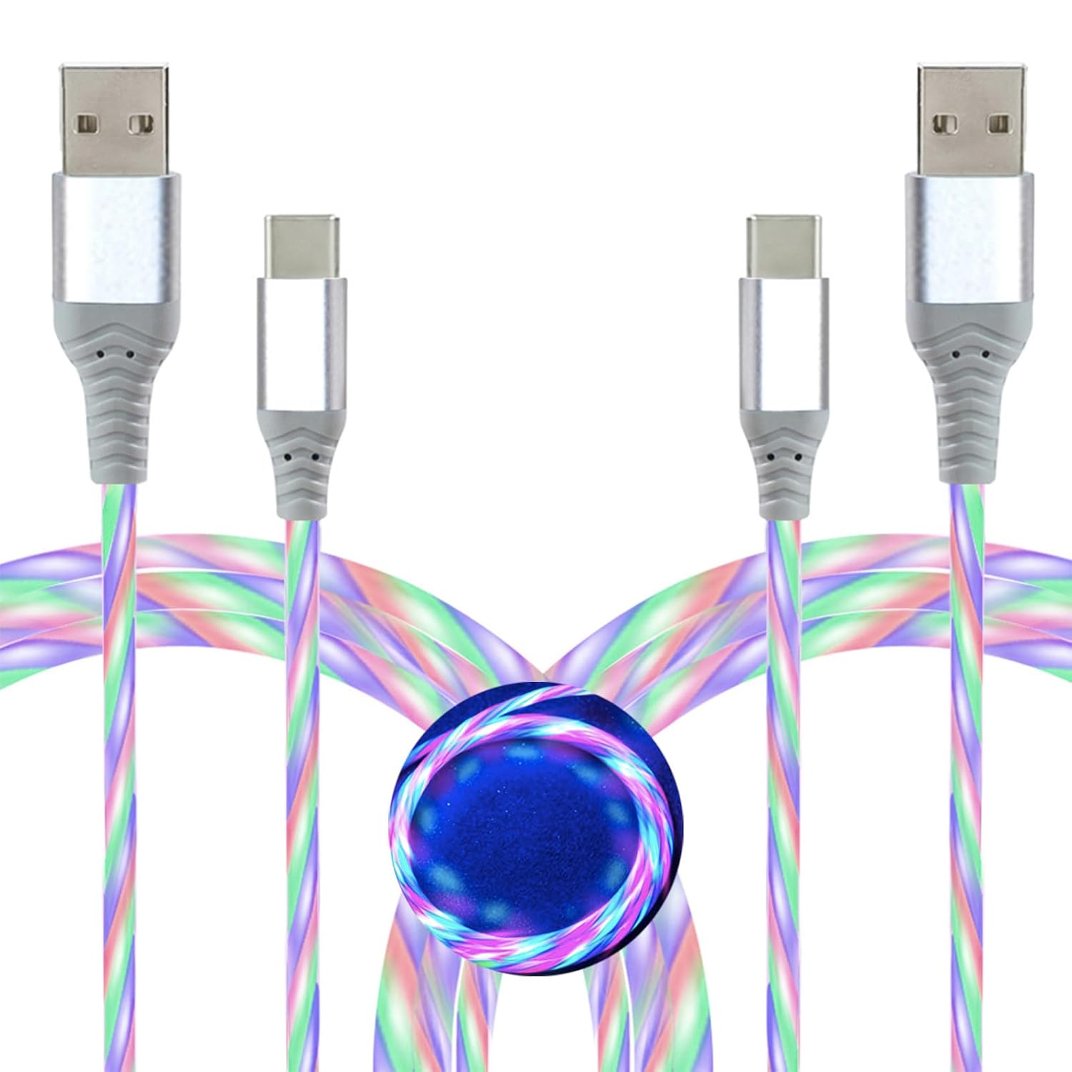 Cable LED USB C [2 unidades, 6 pies], cambio de color visible LED t...