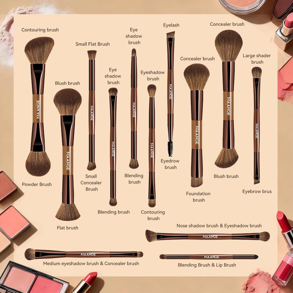 MAANGE Juego de 13 brochas de maquillaje de base con bolsa, brochas...