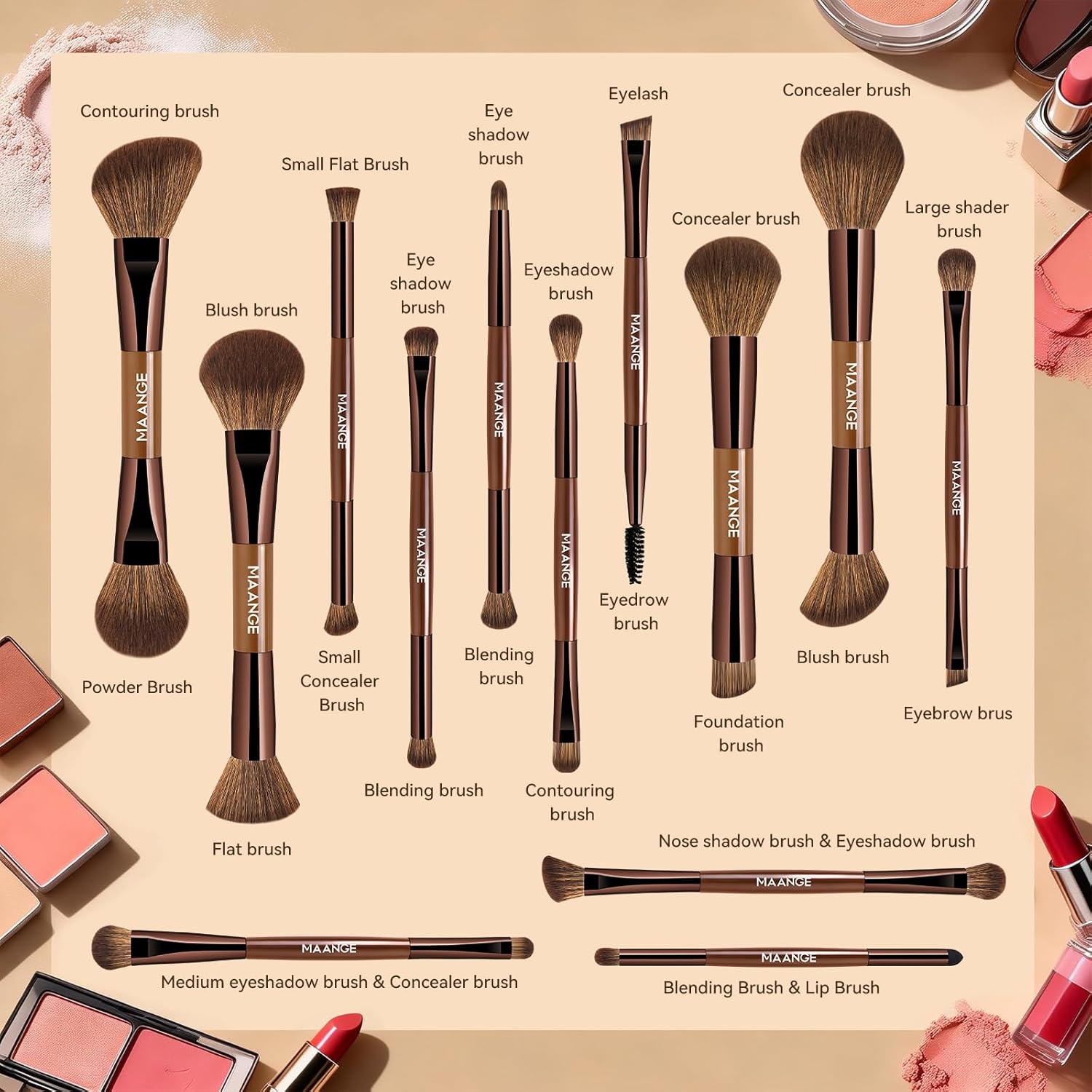 MAANGE Juego de 13 brochas de maquillaje de base con bolsa, brochas...