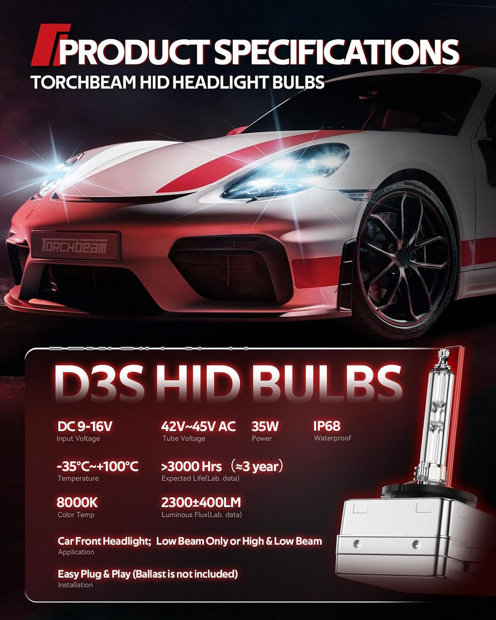 Torchbeam D3S HID - Bombillas para faros delanteros de xenón 8000K,...