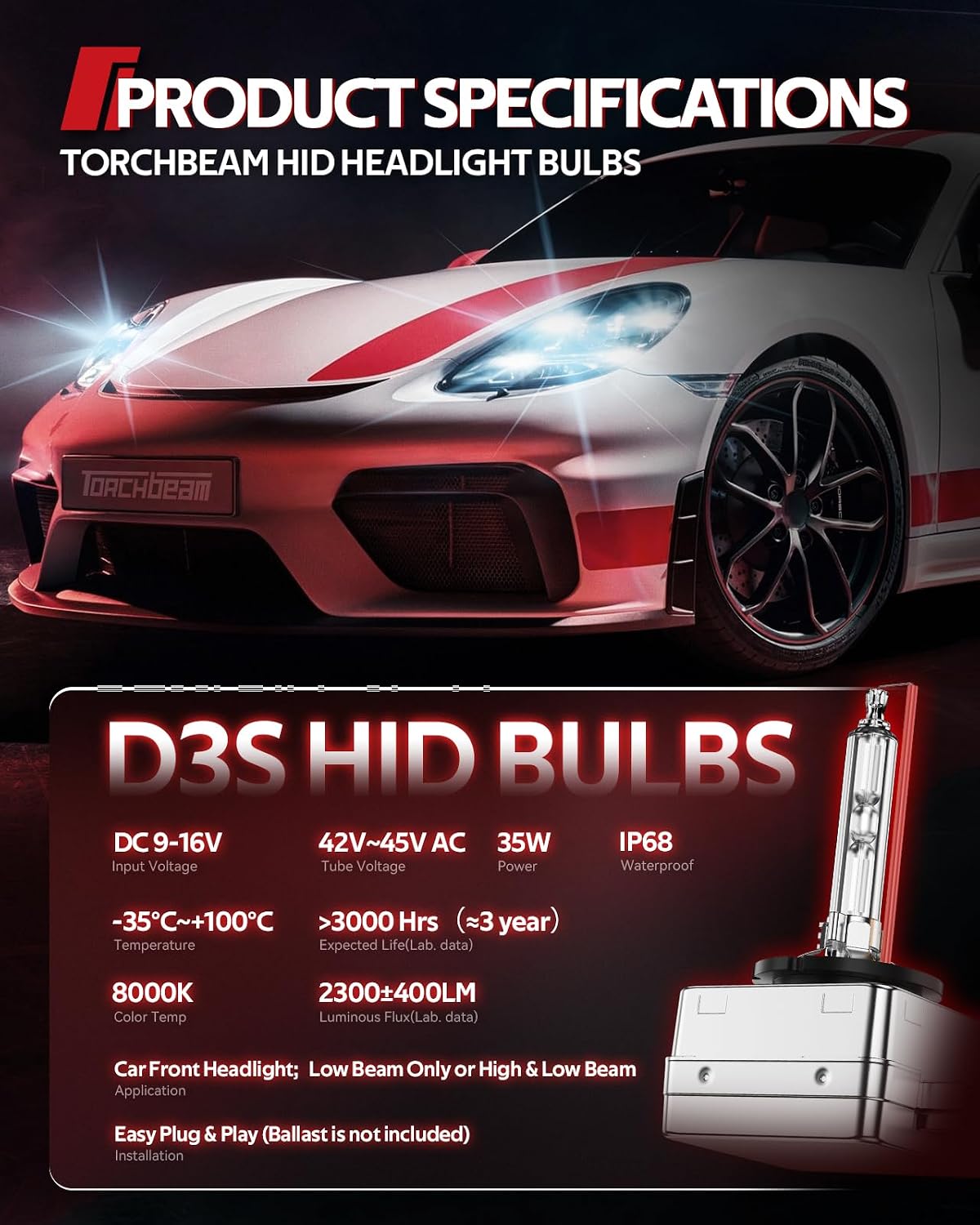 Torchbeam D3S HID - Bombillas para faros delanteros de xenón 8000K,...