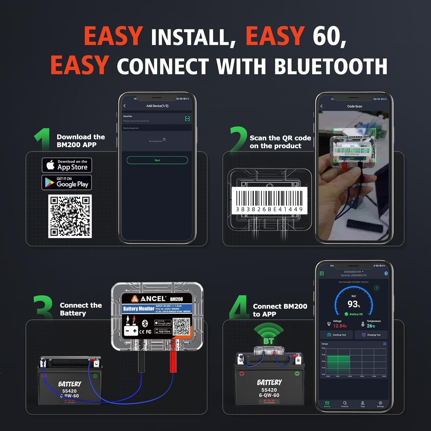 ANCEL BM200 Blue-US Monitor de batería 12V Bluetooth automotriz | P...