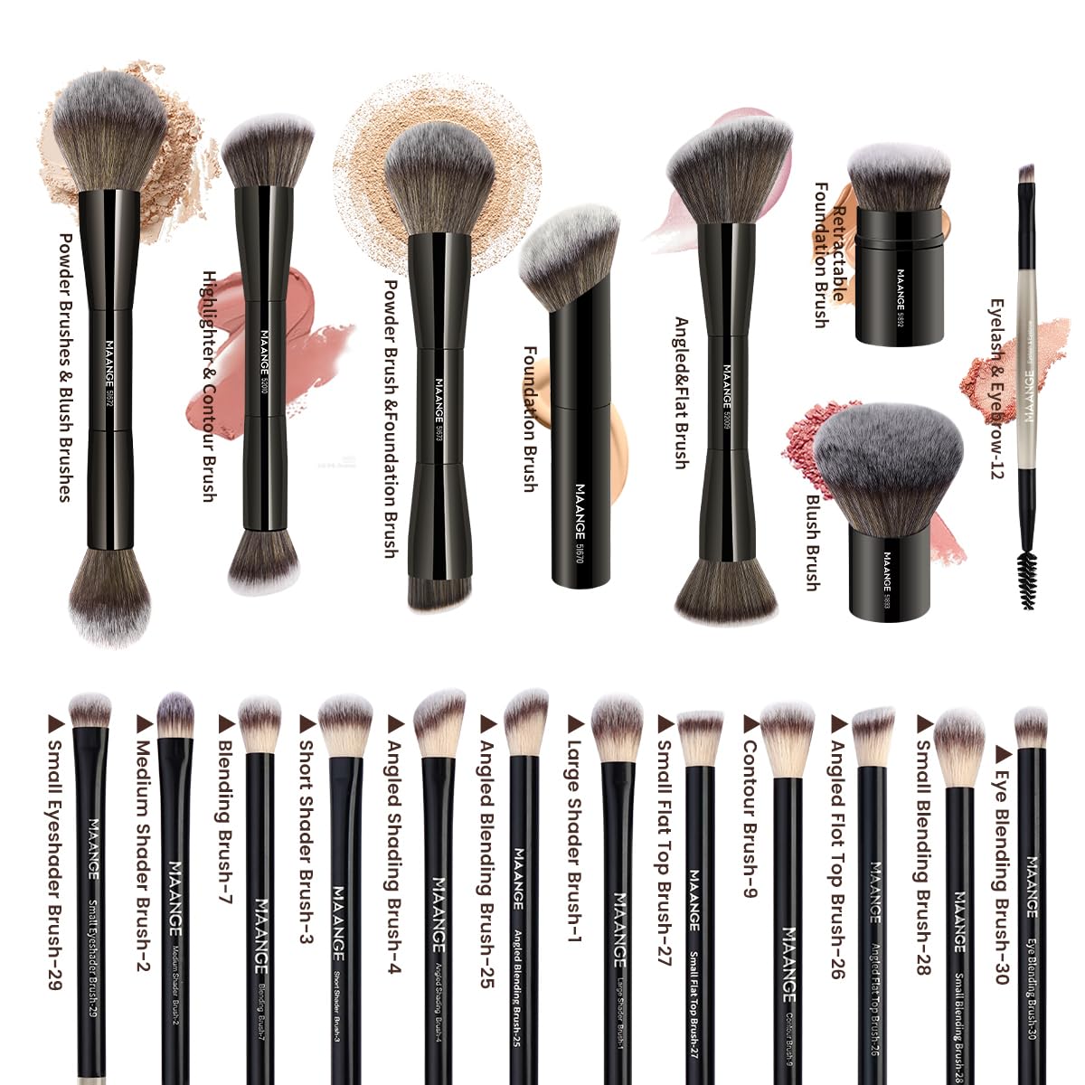 MAANGE Juego de 20 brochas de maquillaje con bolsa, brocha Kabuki d...