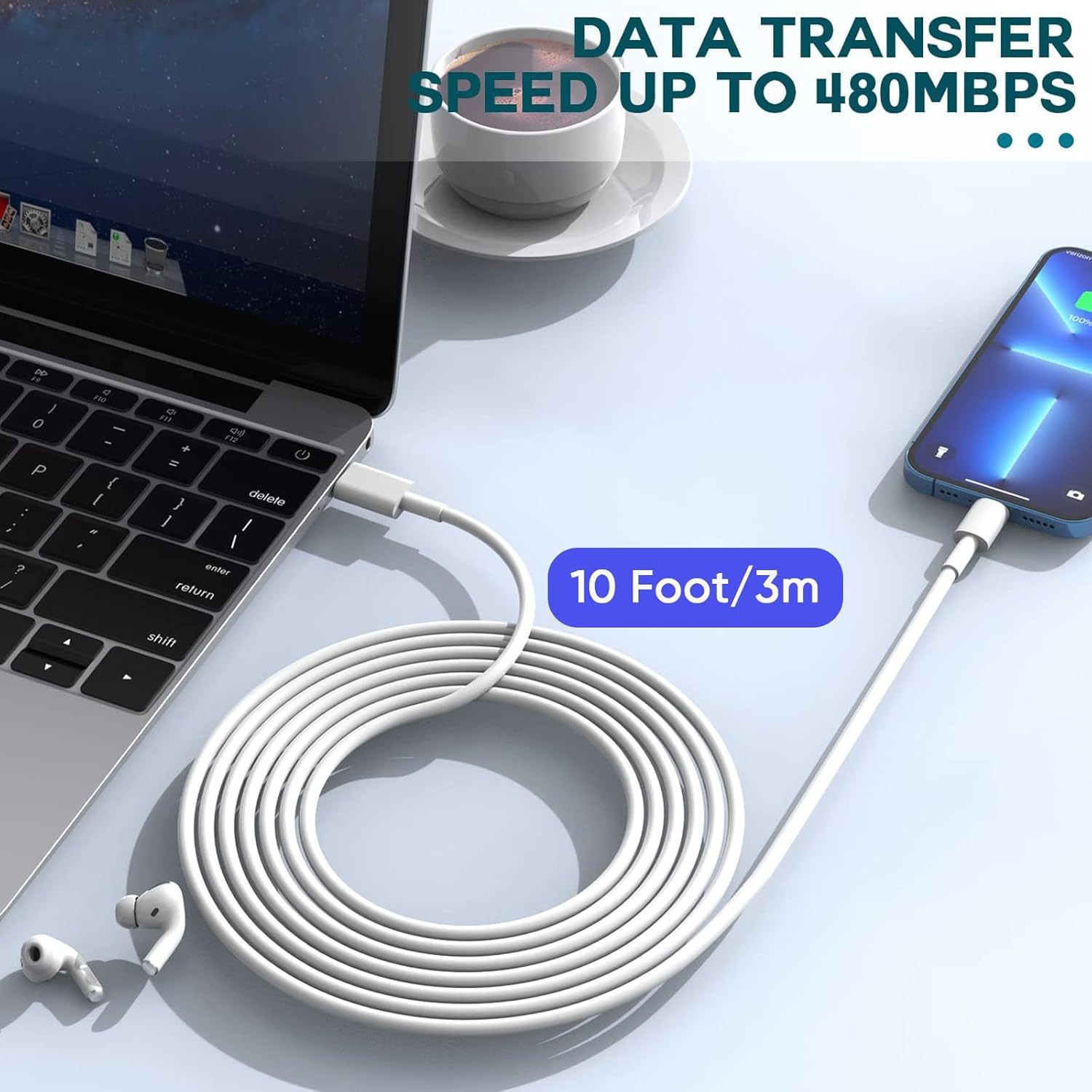 Cargador rápido para iPhone de 3 metros, paquete de 2 [certificado...