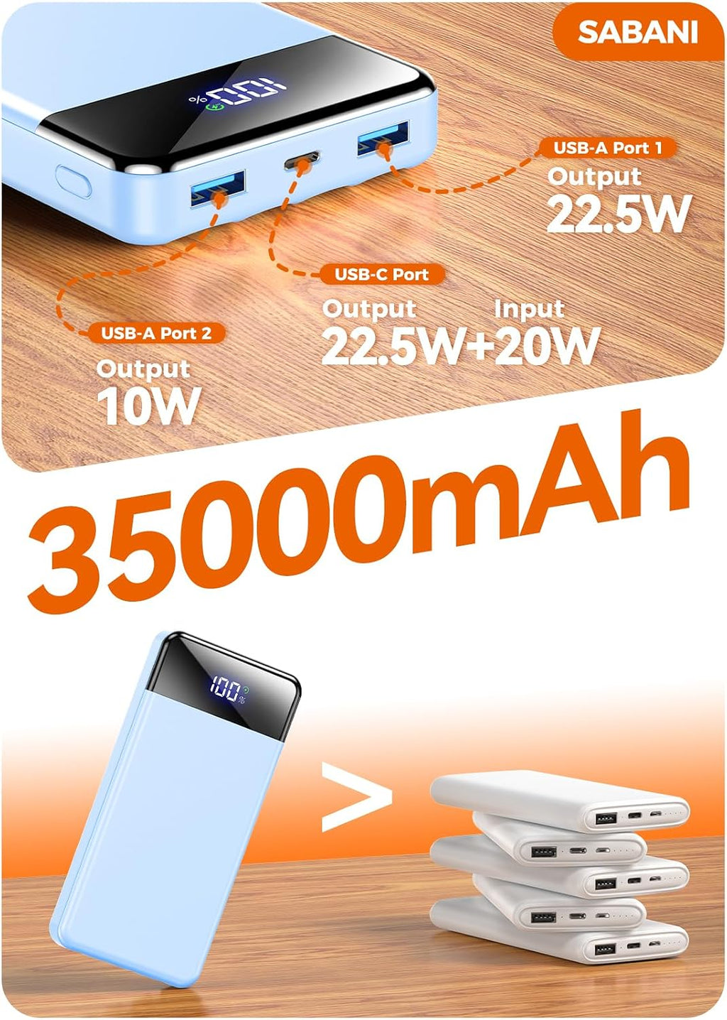 Cargador portátil de 35000 mAh - Powerbank con 4 cables integrados,...