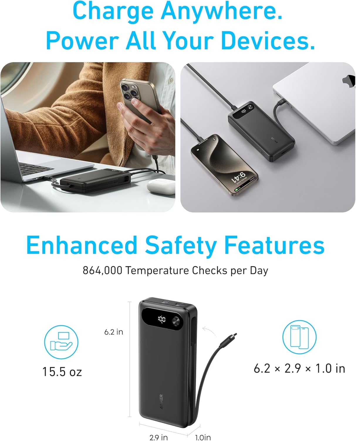 Anker Power Bank, cargador portátil esencial de viaje de 20,000 mAh...
