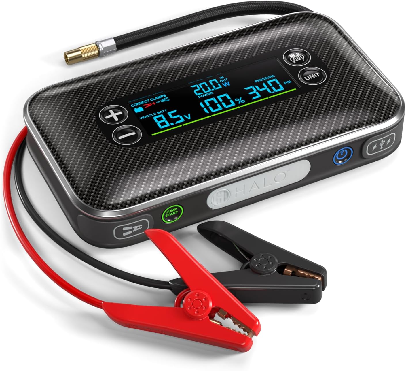 HALO Bolt AIR 1500A Arrancador de salto, compresor de aire, banco d...