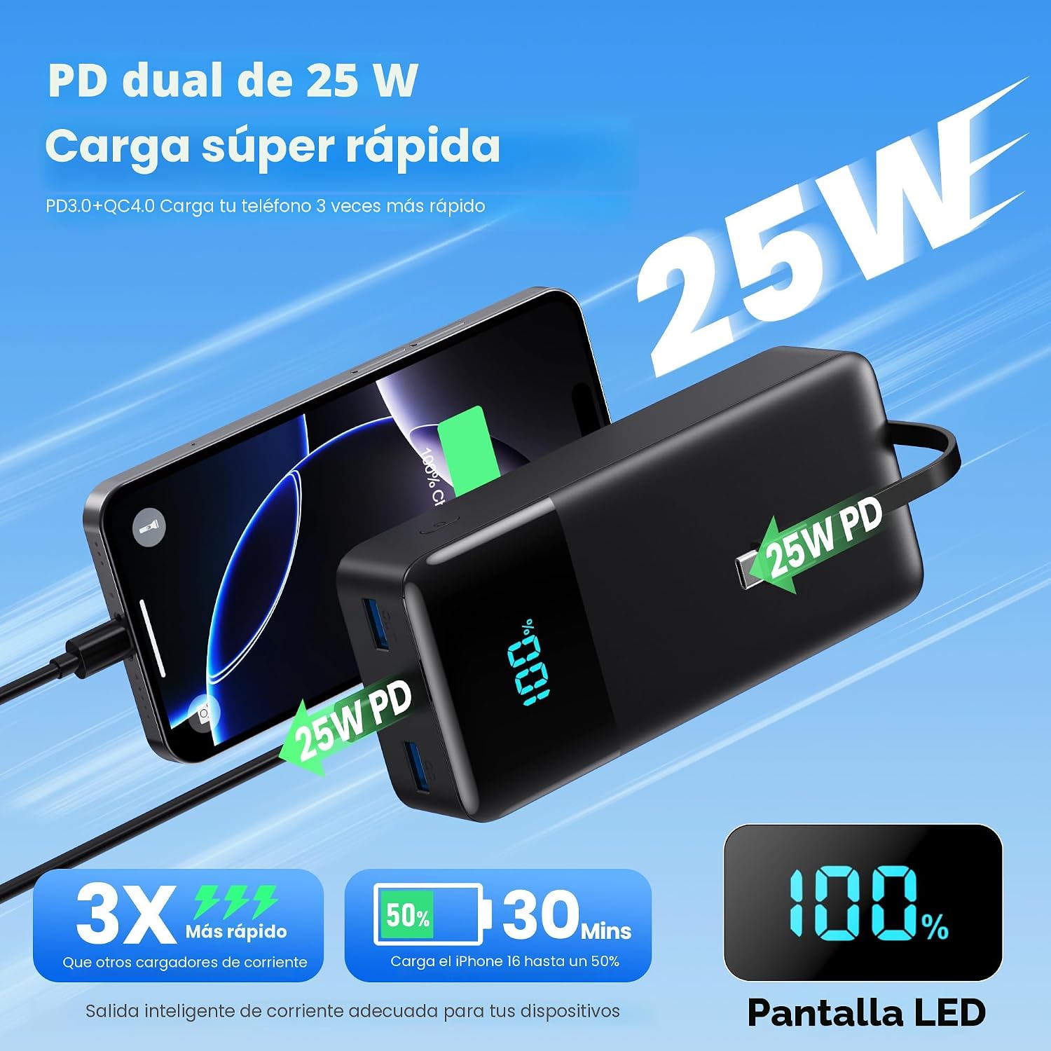 Cargador Portátil 50800mAh Banco de Energía con 3 Cables Integrados...