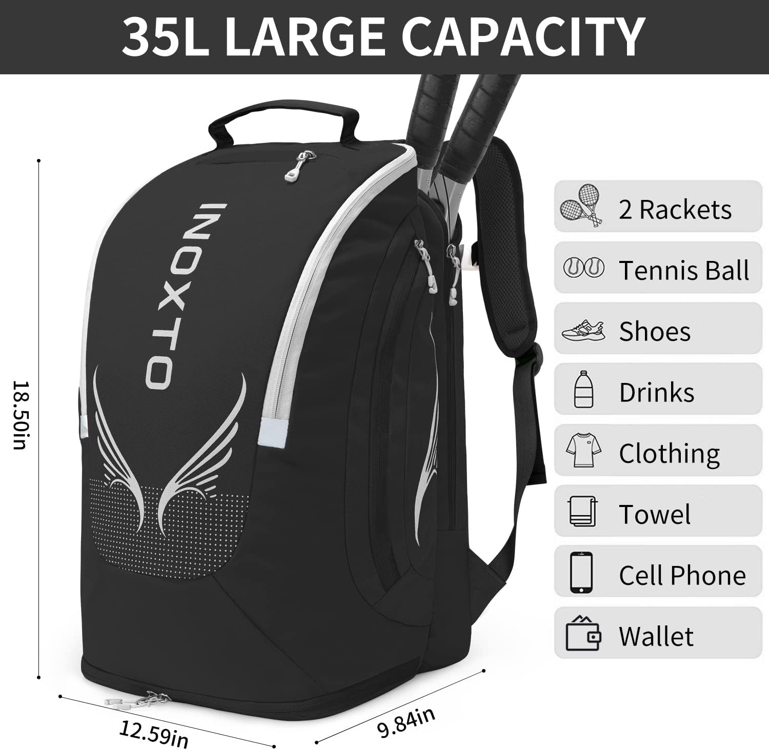INOXTO Mochila de tenis de 40L para hombres y mujeres, bolsa grande...
