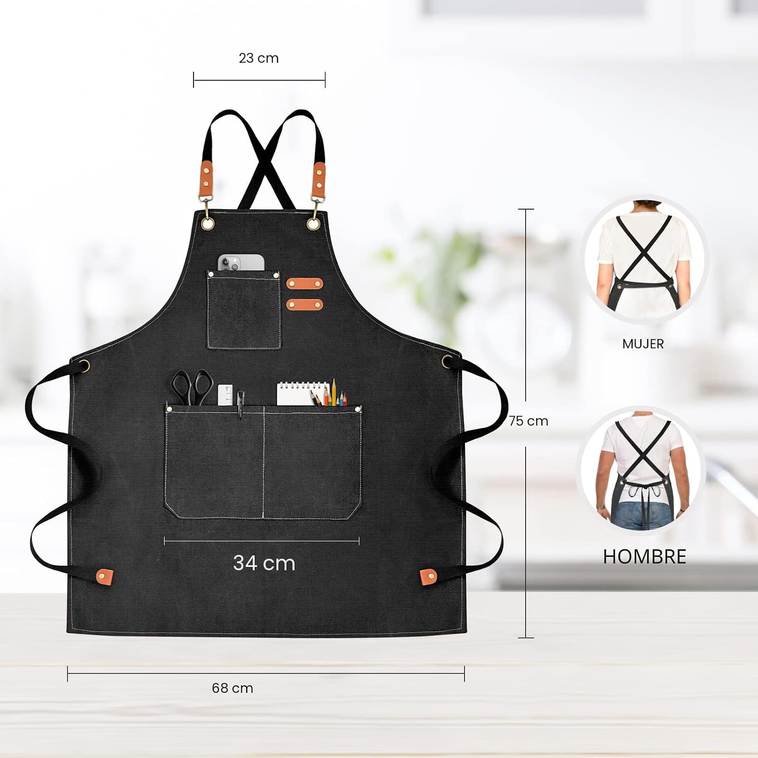OUNLEN Delantal de Chef para Hombres y Mujeres de Lona con 3 Bolsil...