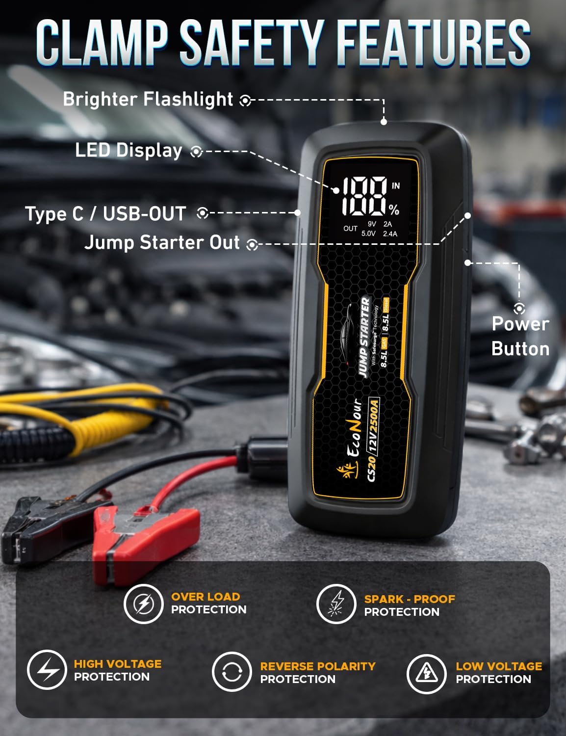 EcoNour - Batería de coche de 2500 A, batería de 12 V, paquete de r...
