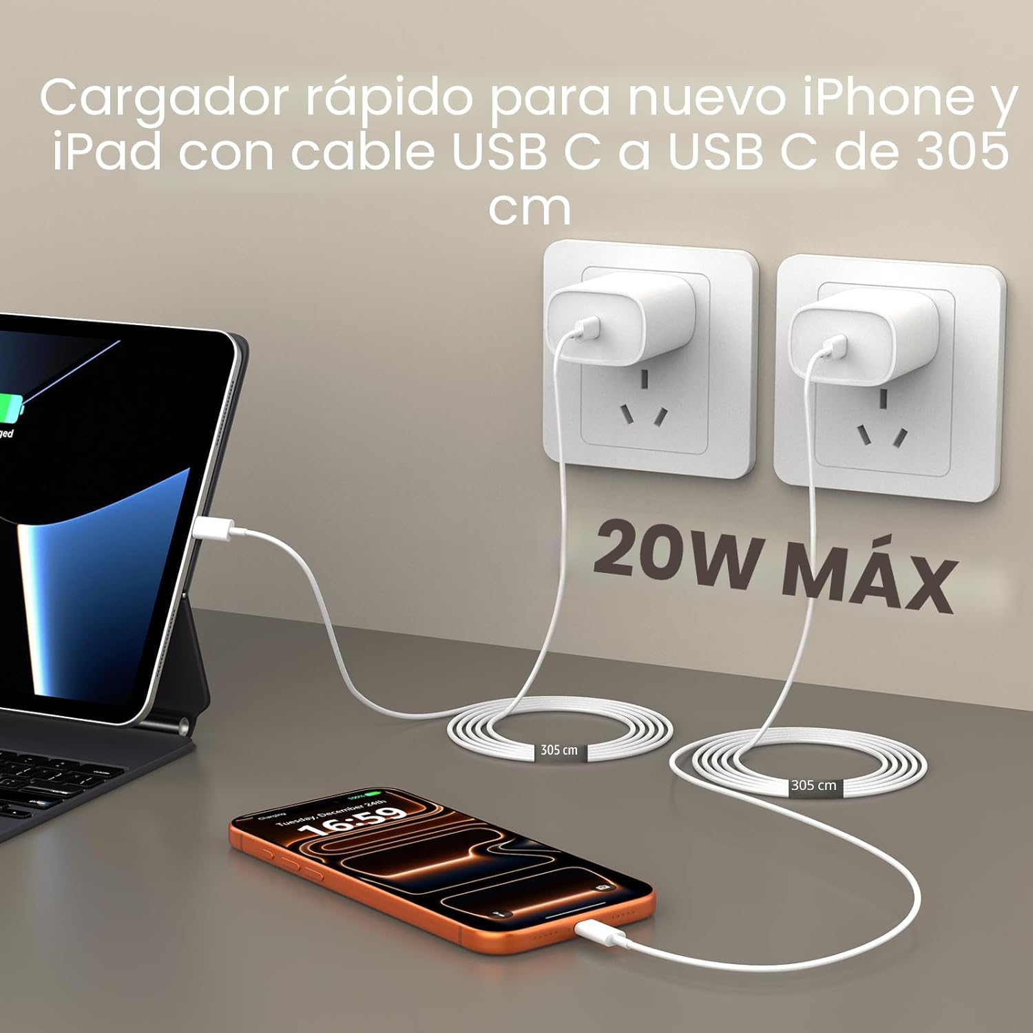 Cargador para iPhone 17, 16, 15, carga rápida, cable de carga USB C...