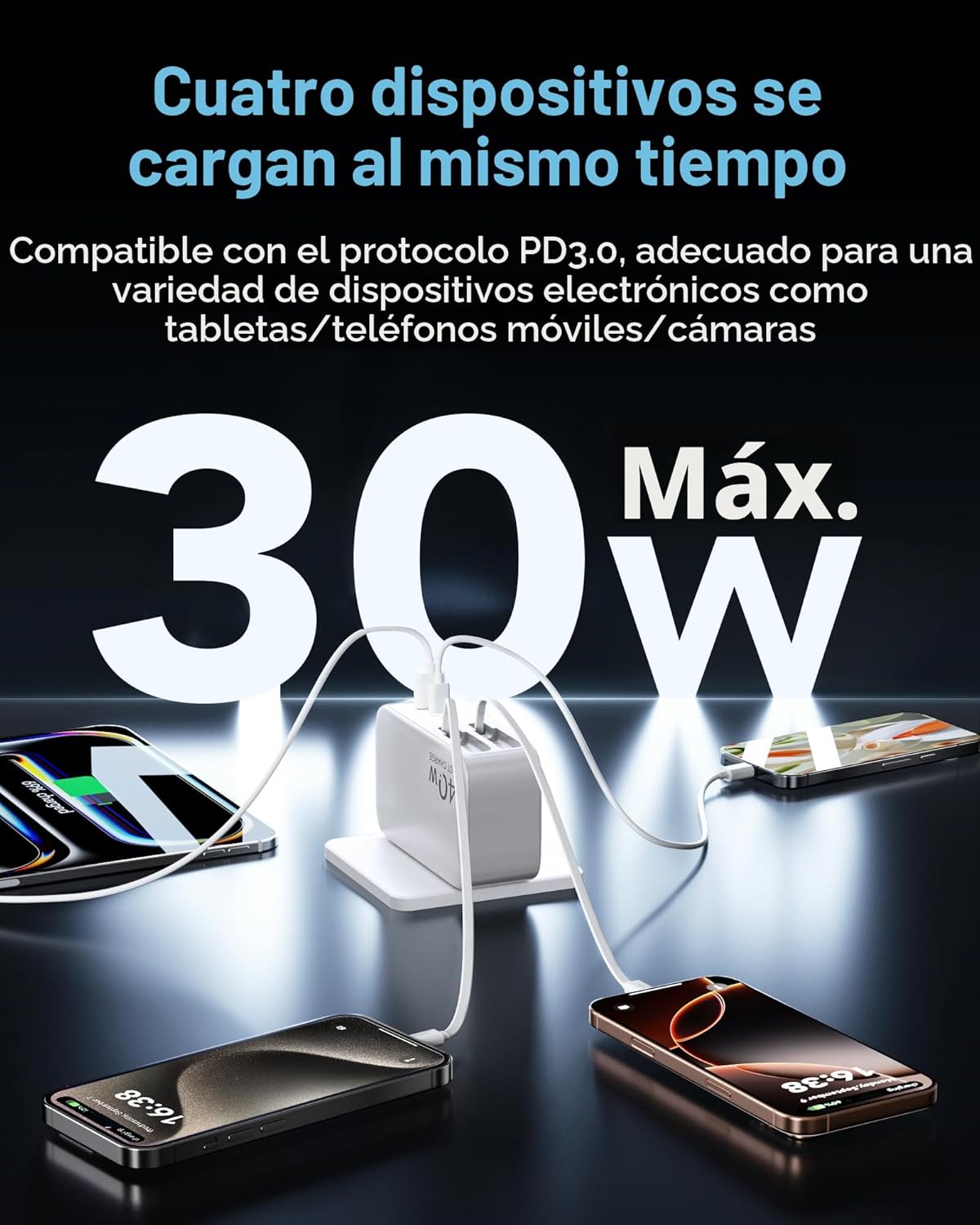 Cargador de pared USB C retráctil con enchufe de pared, cables de t...