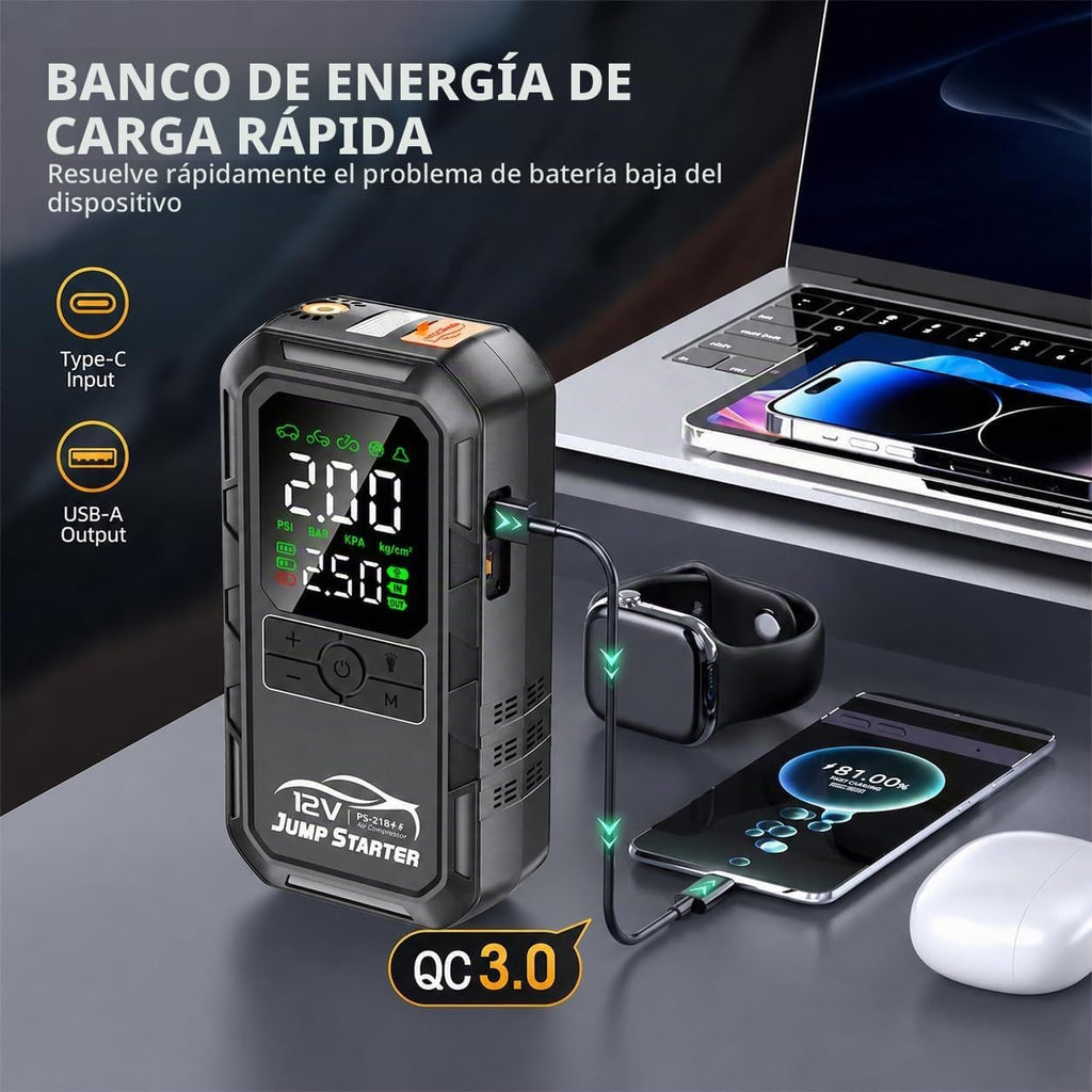 Arrancador de batería de coche 10 en 1 con compresor de aire 8000A...