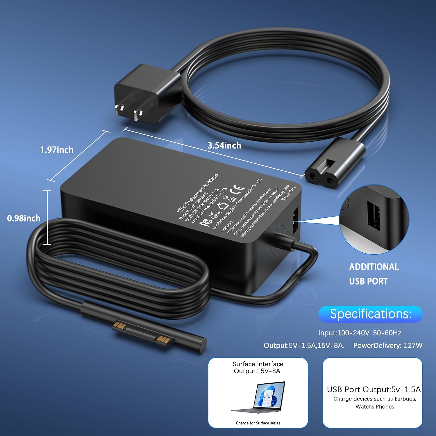 YBRUZRUB Cargador Surface Book de 127 W compatible con Microsoft Su...