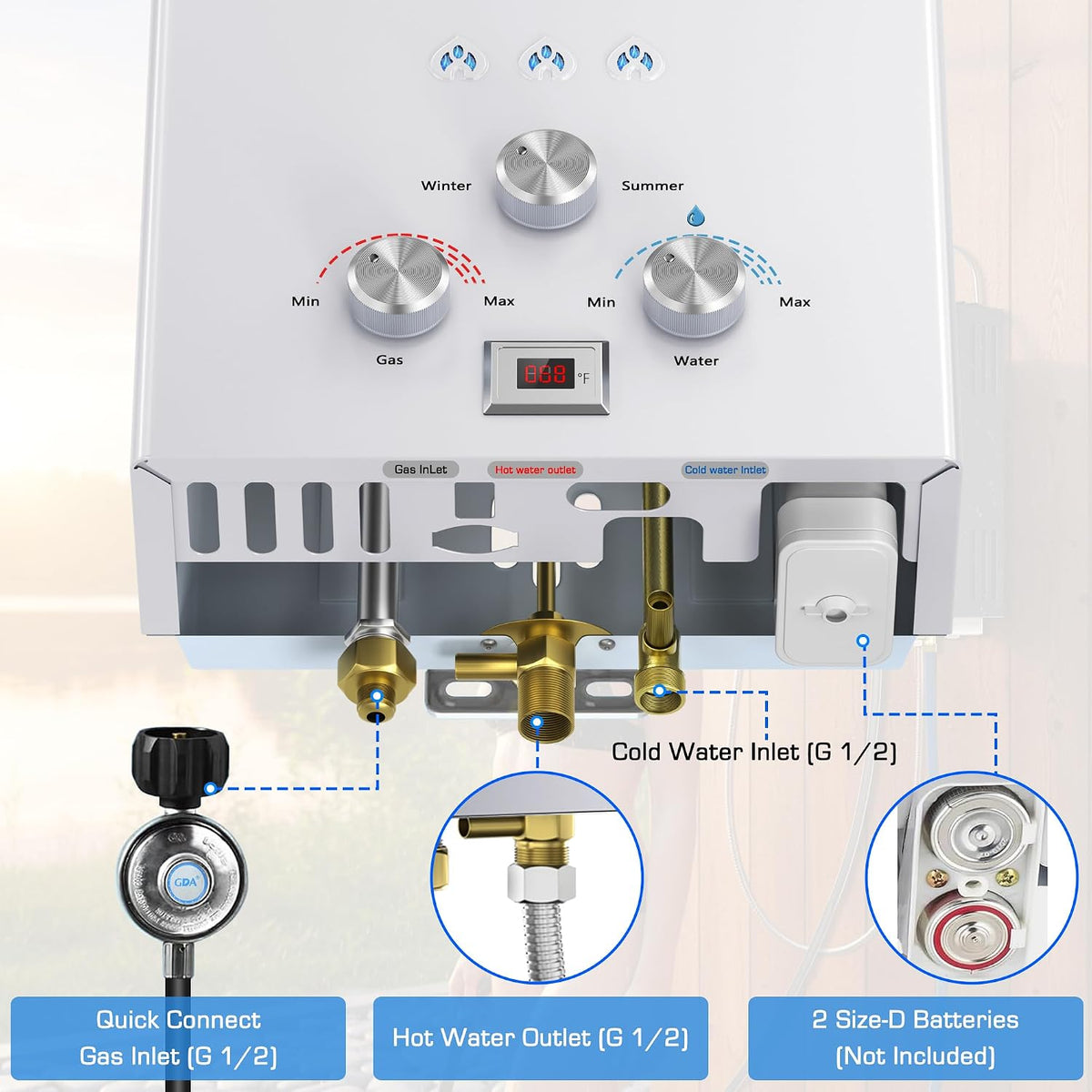 KOXKING Calentador de agua sin tanque de propano 6L, 1.58 GPM portá...