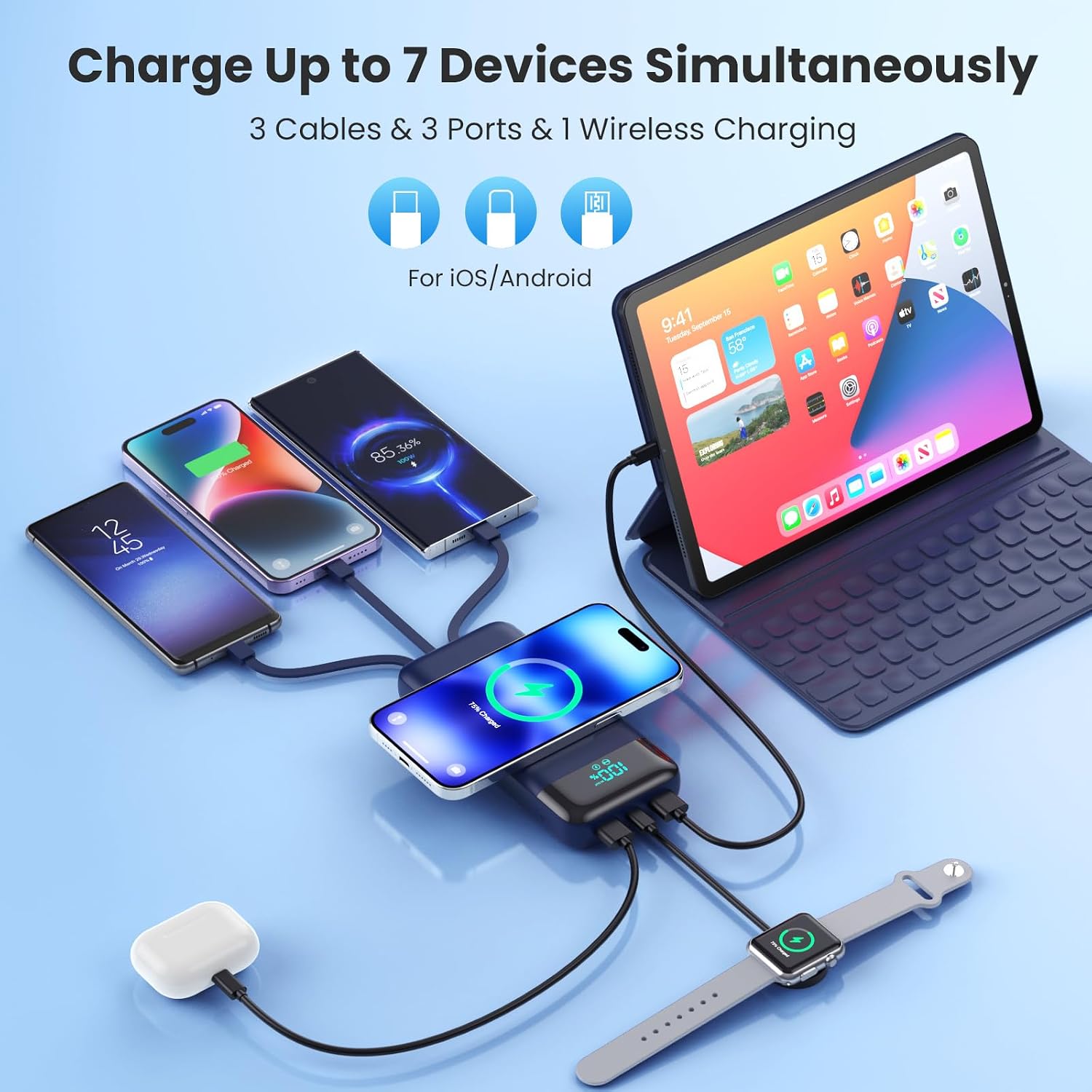 Cargador portátil inalámbrico de 40800 mAh para iPhone con 3 cables...