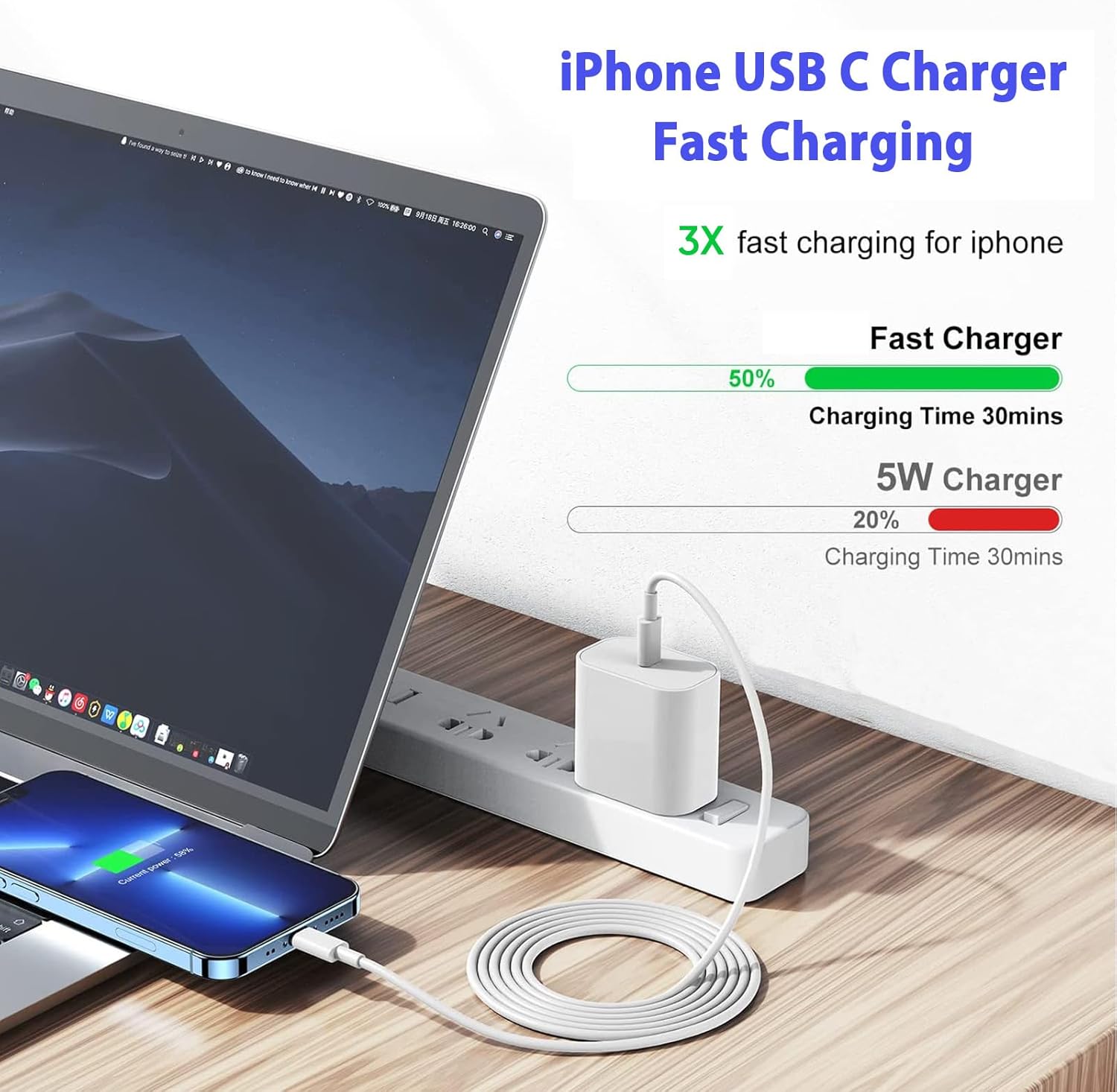 Cargador rápido para iPhone de 3 metros, paquete de 2 [certificado...