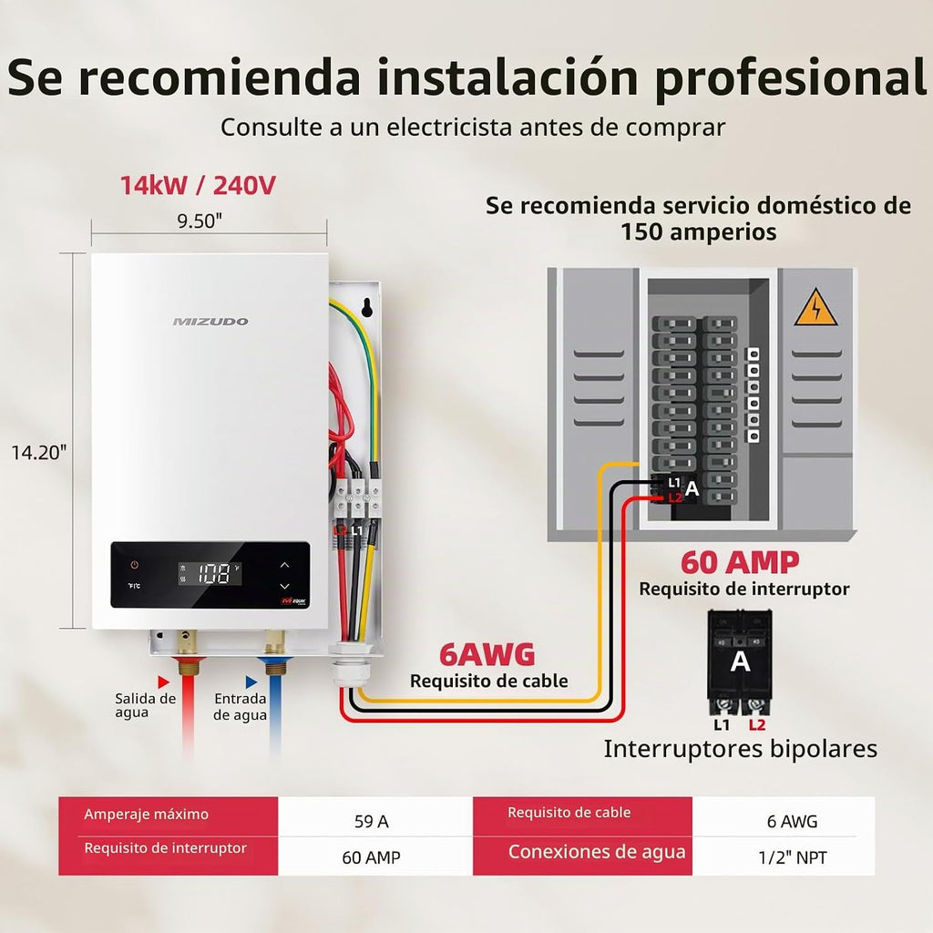 Calentador de agua sin tanque de 14kW, calentador de agua caliente...