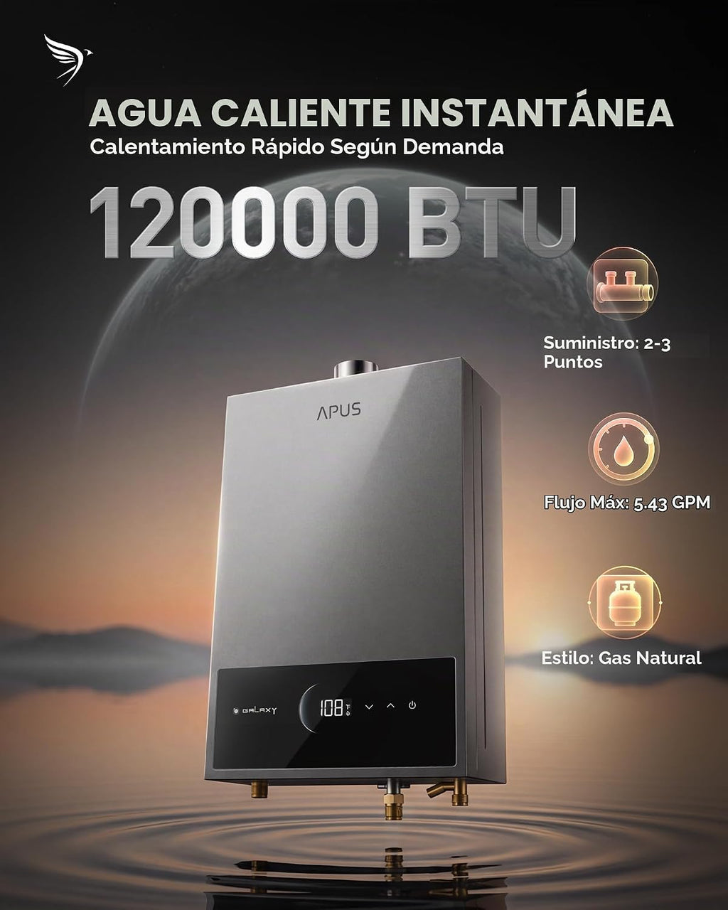 APUS Calentador de agua sin tanque de gas natural, 120,000 BTU, 5.4...