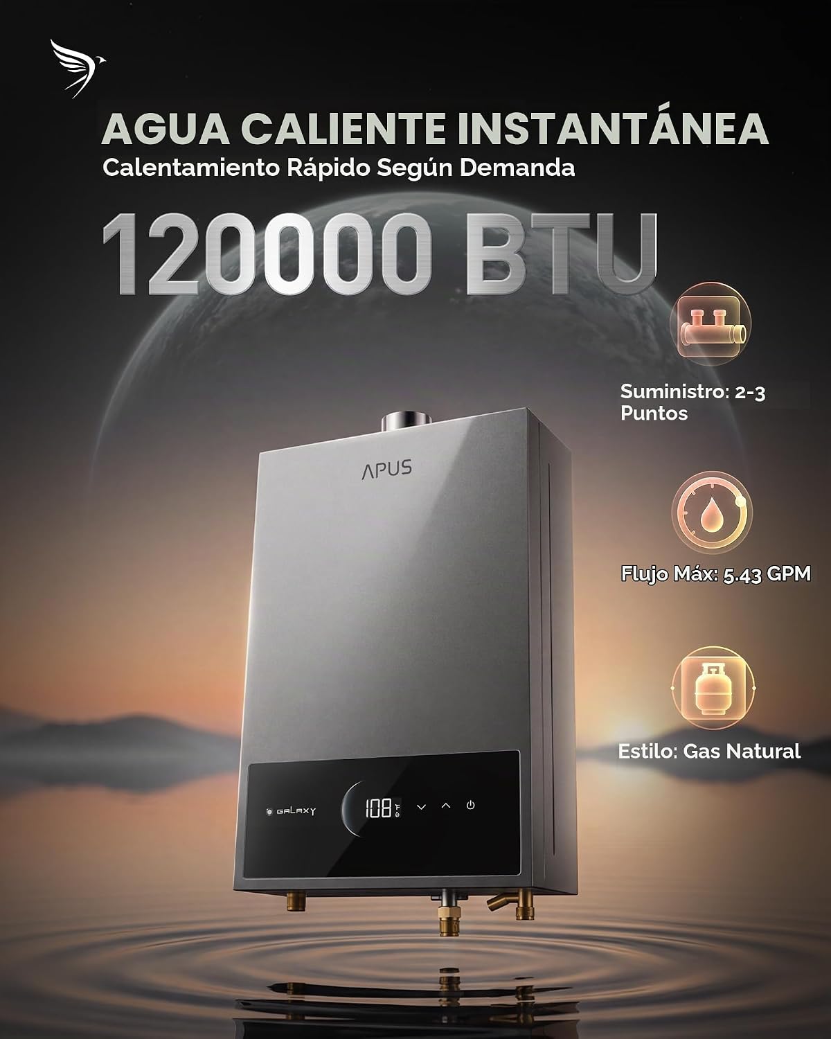 APUS Calentador de agua sin tanque de gas natural, 120,000 BTU, 5.4...