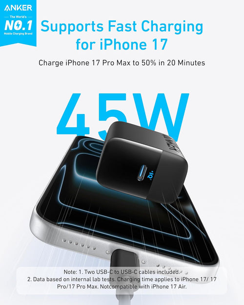 Anker Bloque de cargador USB C de 45 W, cargador rápido PPS con cab...