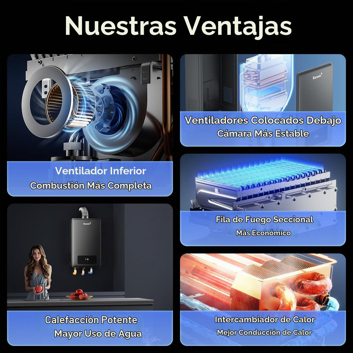 Ranein Calentador de agua sin tanque de gas natural, 5.3 GPM, 130,0...