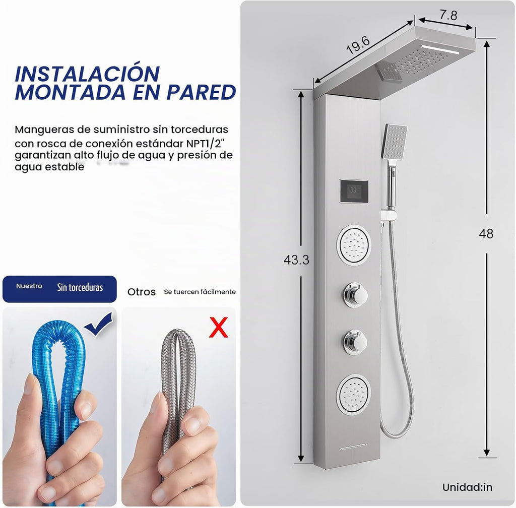 ROVATE Panel de ducha de cascada LED 5 en 1 con acabado cepillado |...