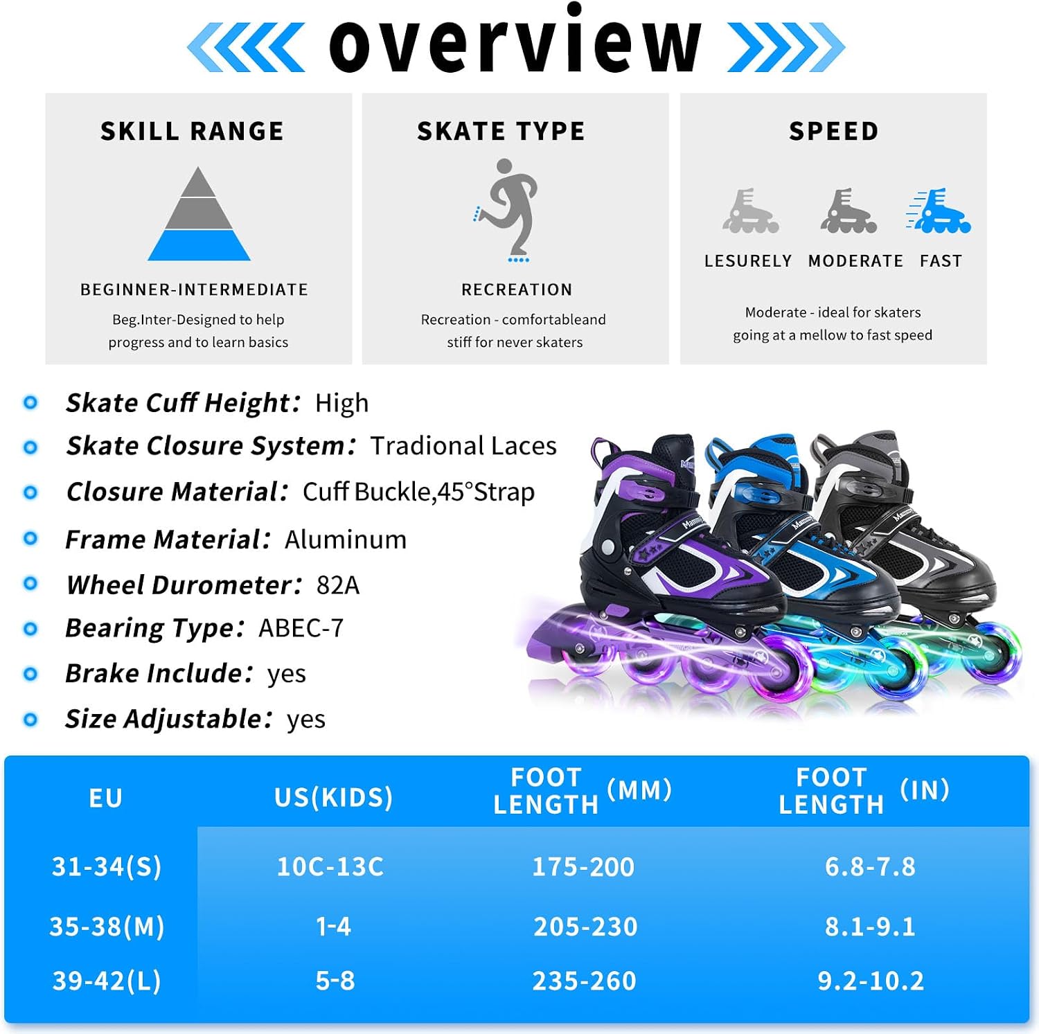 MammyGol Patines en línea ajustables para niños y niñas, patines co...