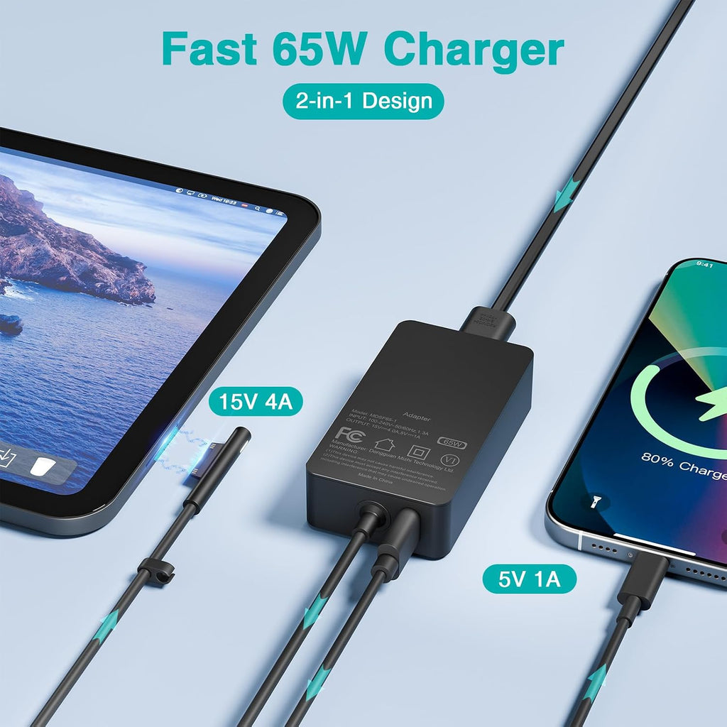 Cargador de 65 W compatible con Microsoft Surface Pro 11, 10, 9, 8,...