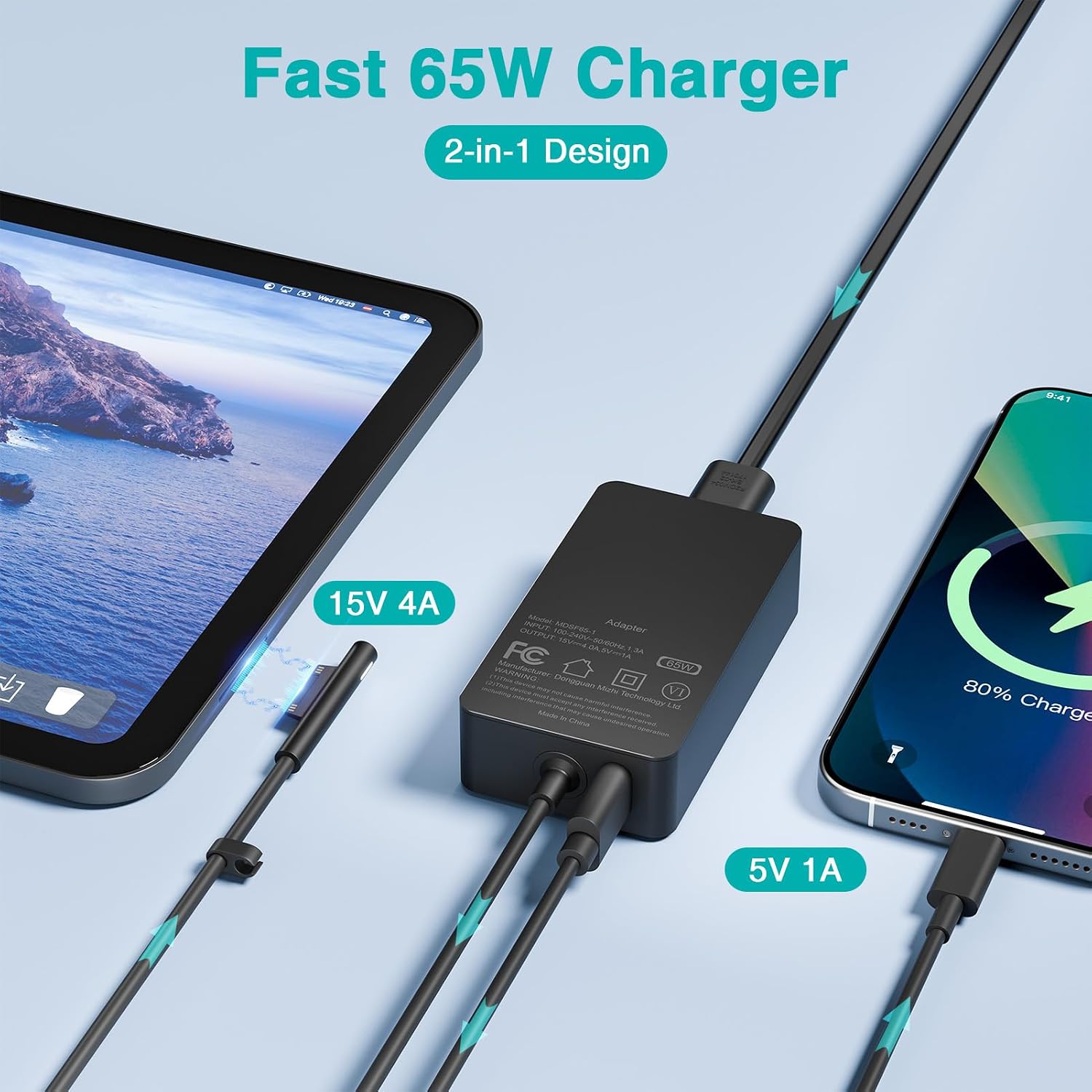 Cargador de 65 W compatible con Microsoft Surface Pro 11, 10, 9, 8,...