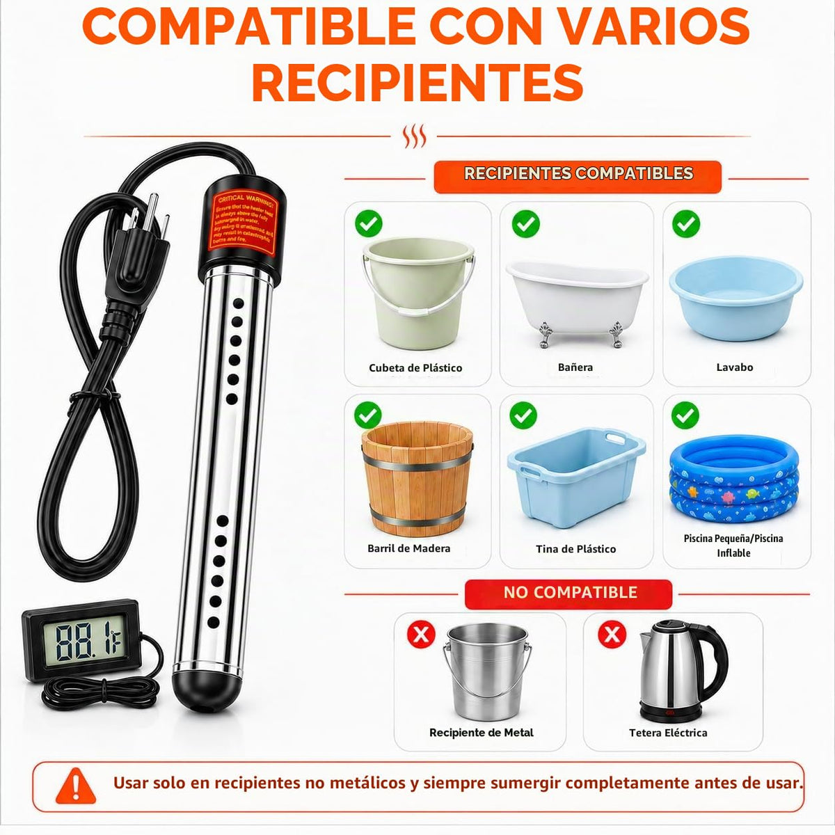 Calentador de agua de inmersión de 2000 W con termómetro digital |...