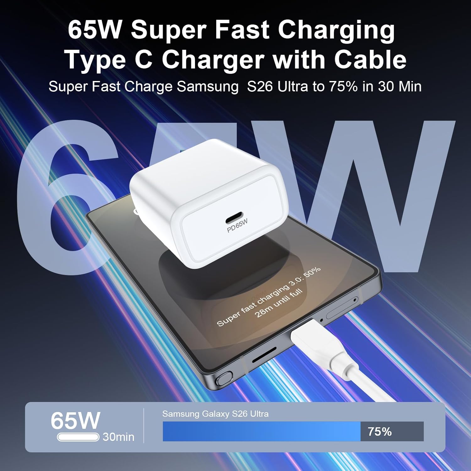 Cargador súper rápido tipo C de 65 W para Samsung Galaxy S26 Ultra...