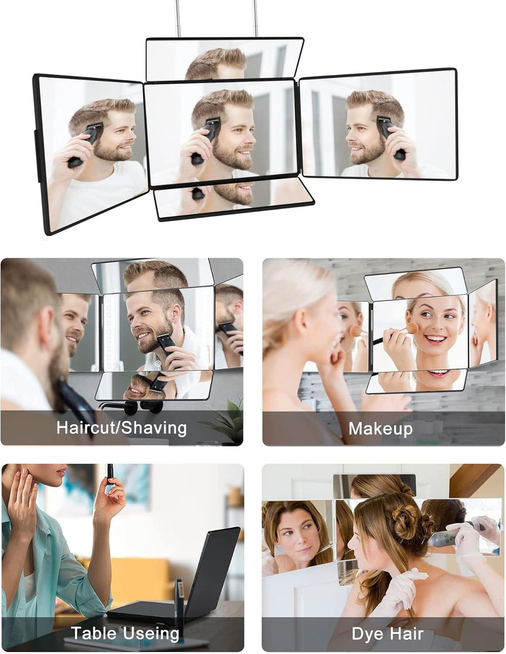 Aokoka Espejo de 5 vías con luz para corte de pelo automático, espe...