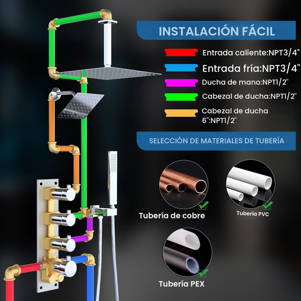 Enga - Sistema de ducha termostático de 16 pulgadas, doble cabezal...