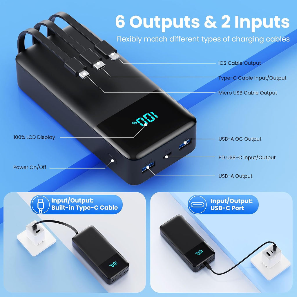 Cargador Portátil 60800mAh Banco de Energía con 3 Cables Integrados...
