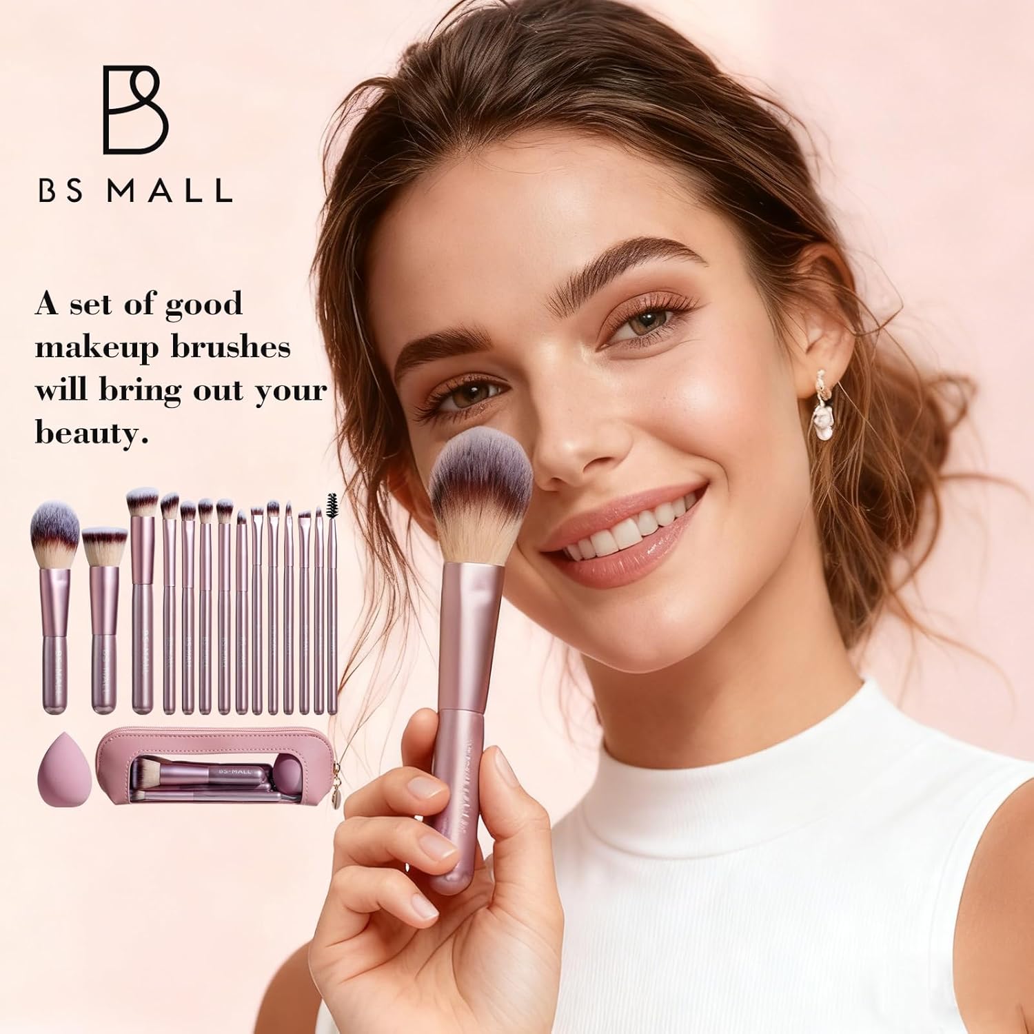 BS-MALL Juego de 14 brochas de maquillaje con 1 esponja de maquilla...