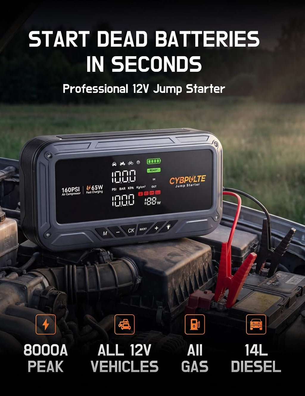 CYBPULTE Arrancador con compresor de aire 8000A 160 PSI, 65W USB-C...